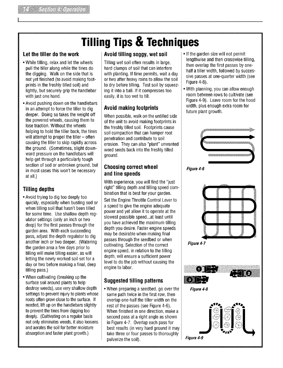 Let the tiller do the work, Tilling depths, Avoid tilling soggy, wet soil | Avoid making footprints, Choosing correct wheel and tine speeds, Suggested tilling patterns, Tilling tips & techniques | Troy-Bilt PONY E666M User Manual | Page 14 / 40