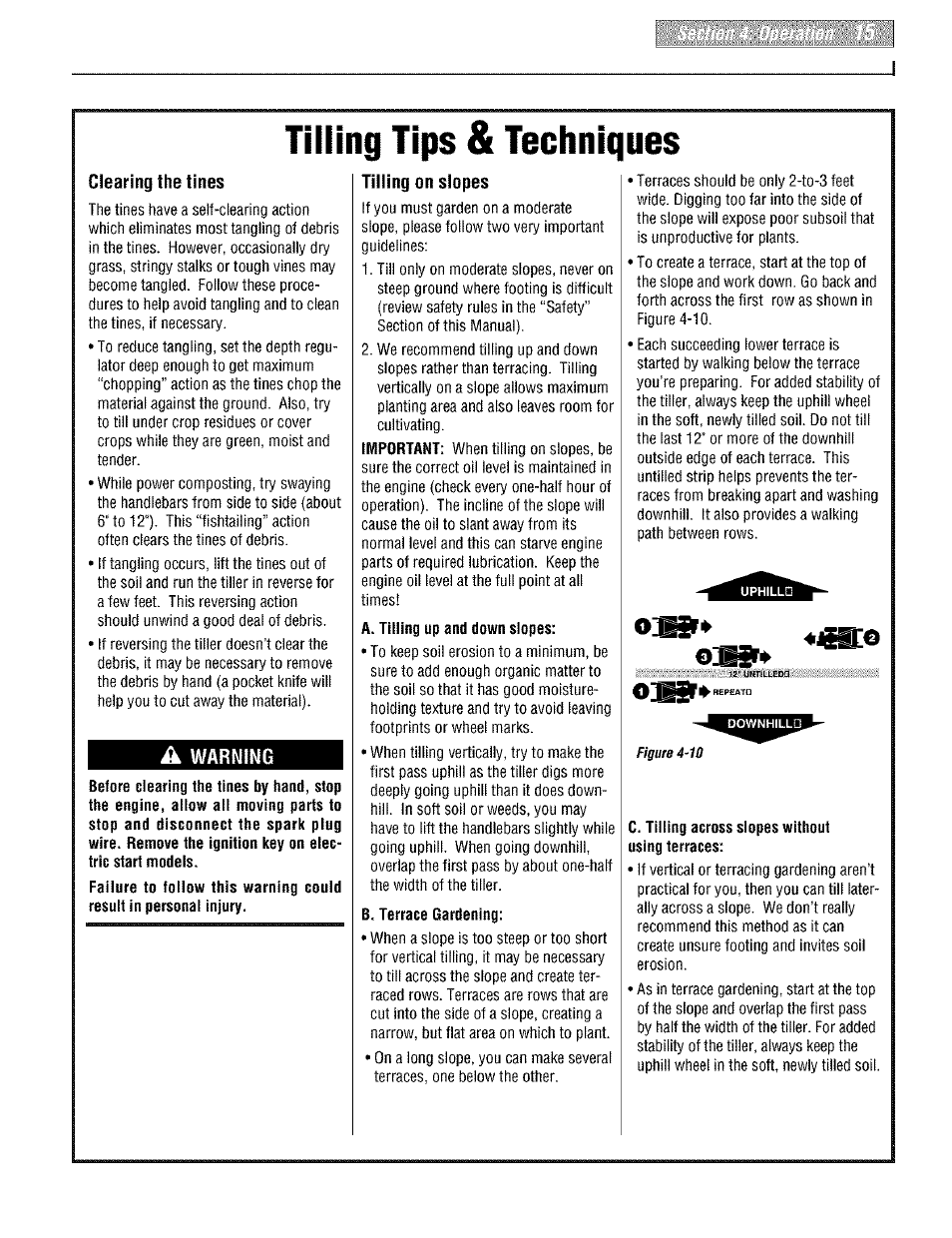 Clearing the tines, A warning, Tilling on slopes | C. tilling across slopes without using terraces, Tilling tips & techniques | Troy-Bilt PONY E666M User Manual | Page 15 / 40
