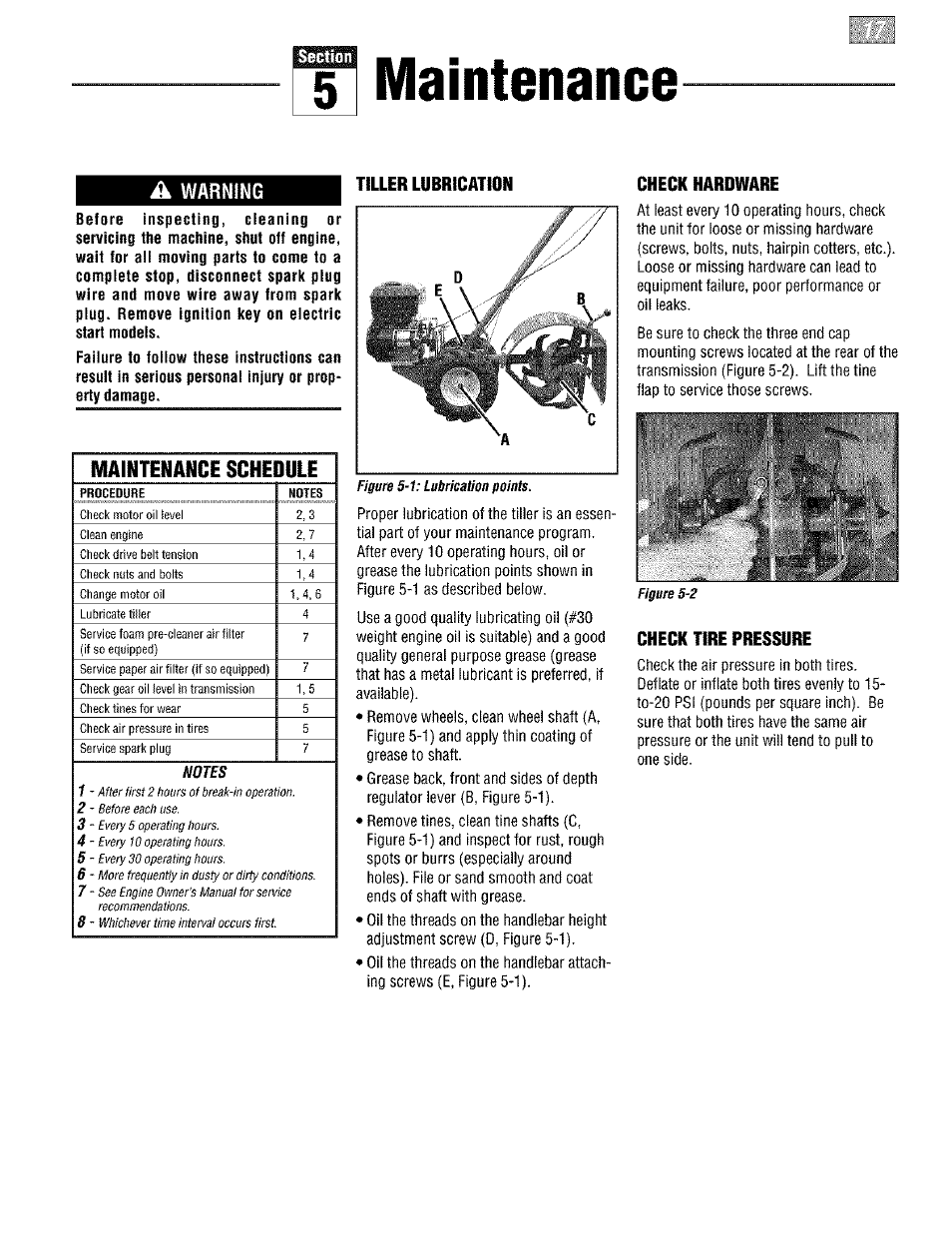 5l maintenance, A warning, Maintenance schedule | Troy-Bilt PONY E666M User Manual | Page 17 / 40