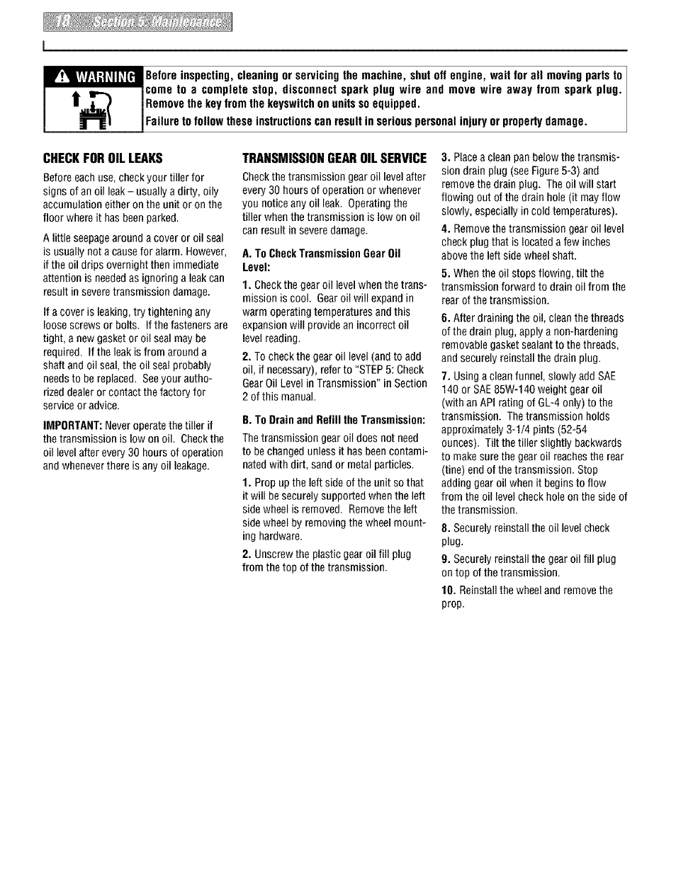 A. to check transmission gear oii levei, B. to drain and refill the transmission, Â warning | Troy-Bilt PONY E666M User Manual | Page 18 / 40