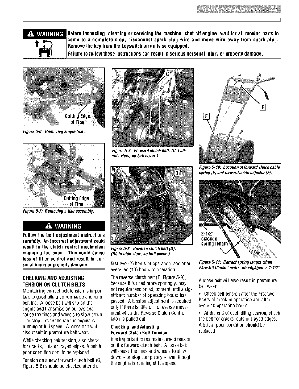 Checking and adjusting tension on clutch belts, Warning | Troy-Bilt PONY E666M User Manual | Page 21 / 40
