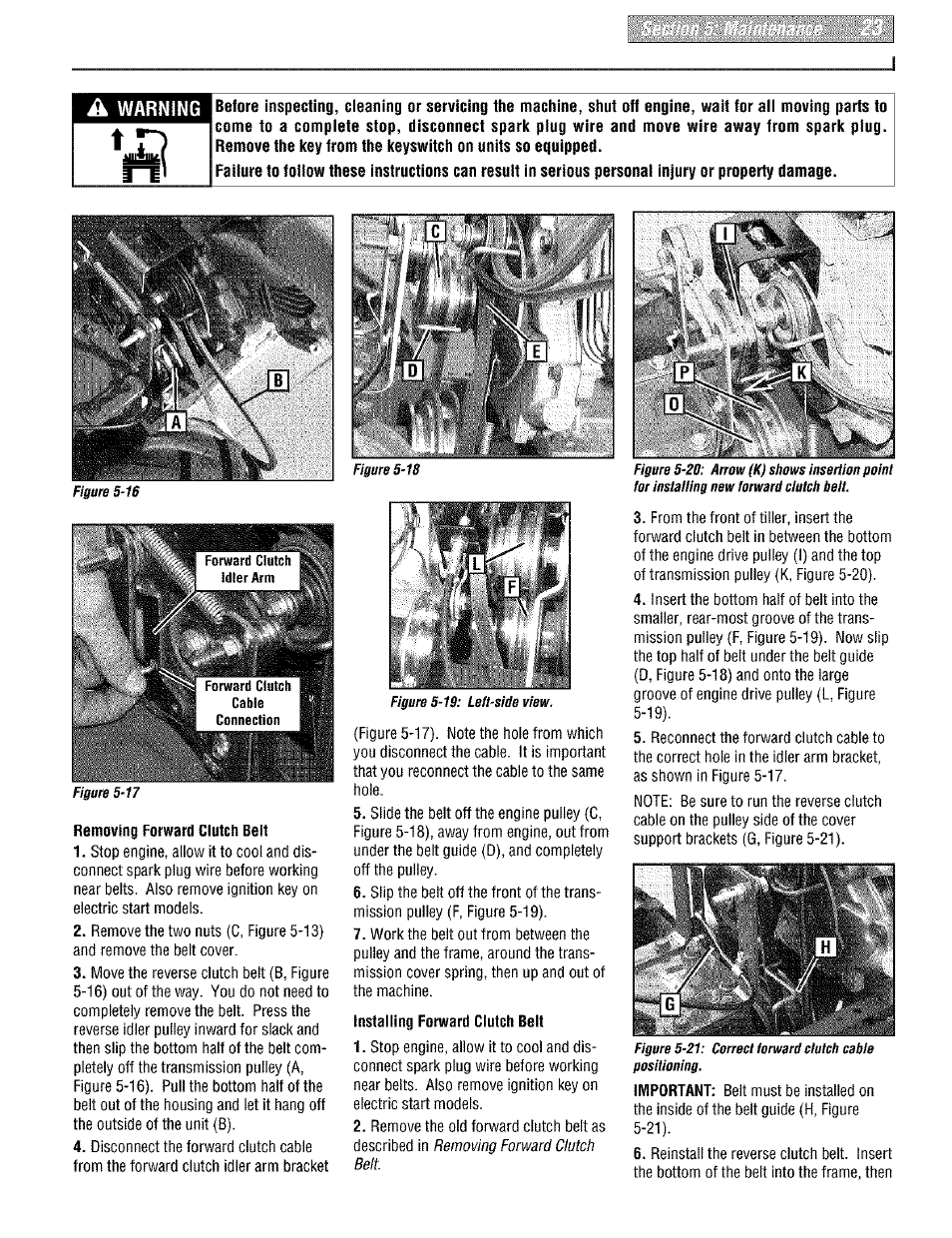 Removing forward clutch belt, Warning | Troy-Bilt PONY E666M User Manual | Page 23 / 40