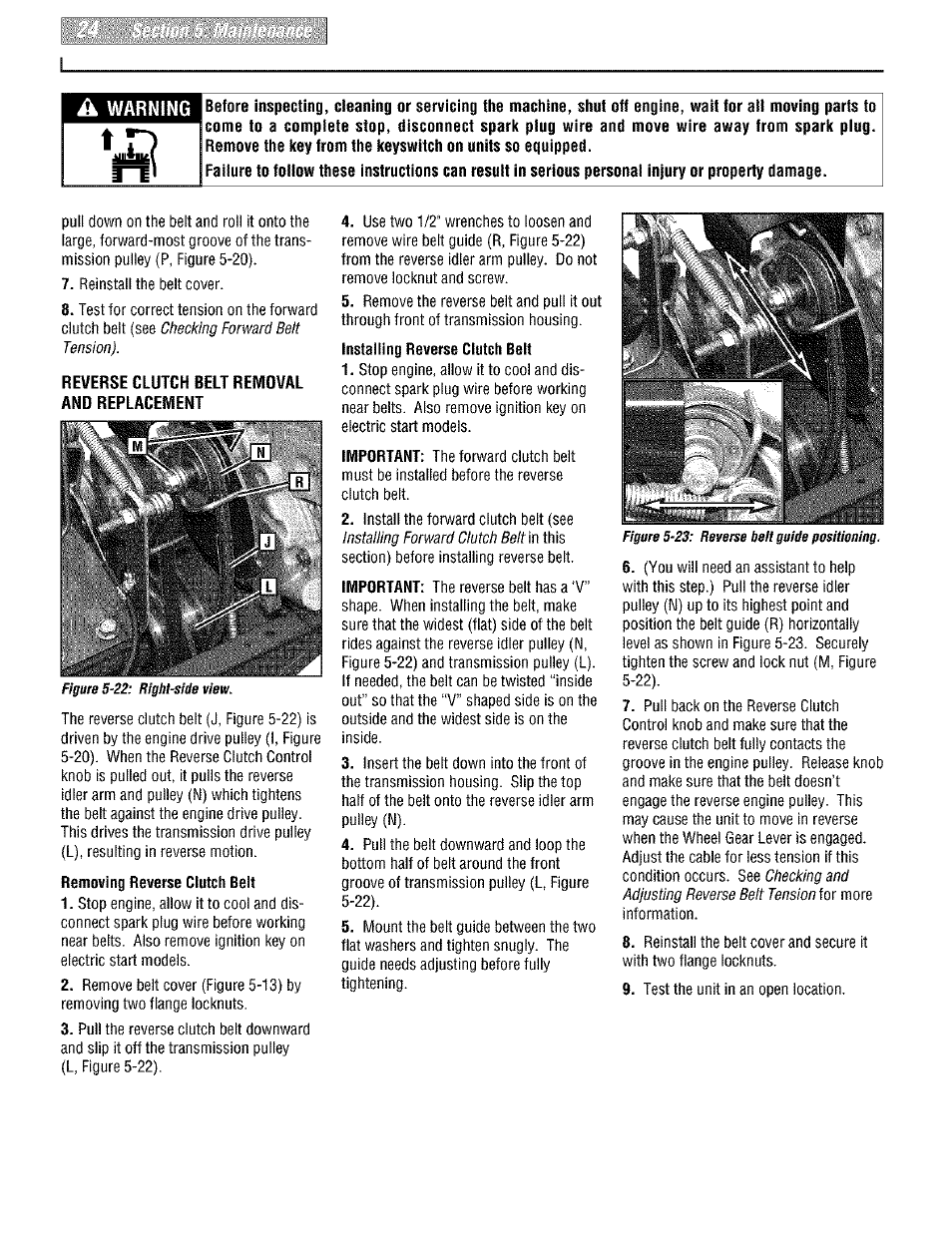 Reverse clutch belt removal and replacement, Removing reverse clutch belt, Warning | Troy-Bilt PONY E666M User Manual | Page 24 / 40