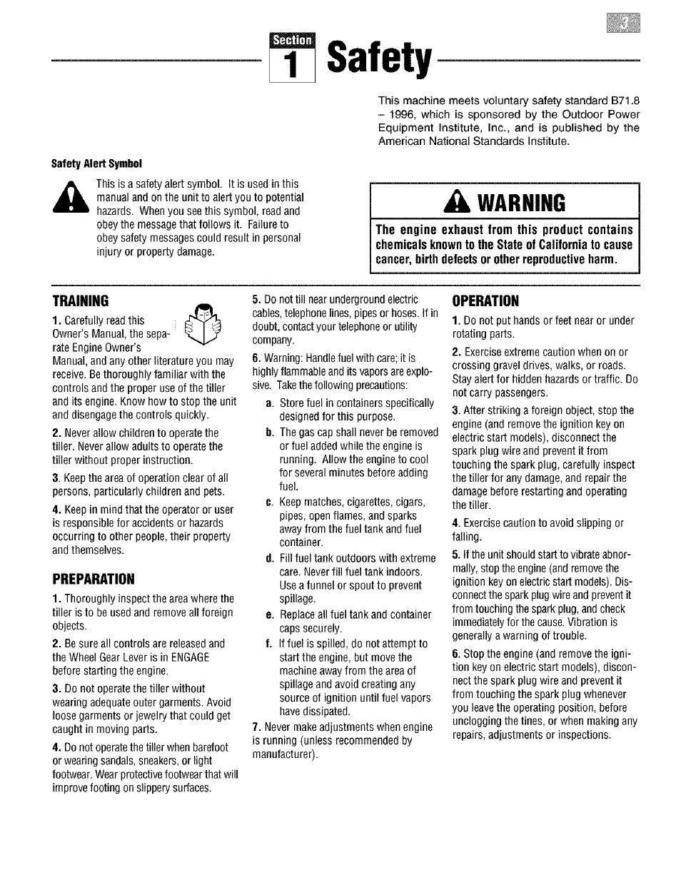 1 safety, Safety alert symbol, Training | Preparation, Operation, Safety, Warning | Troy-Bilt PONY E666M User Manual | Page 3 / 40
