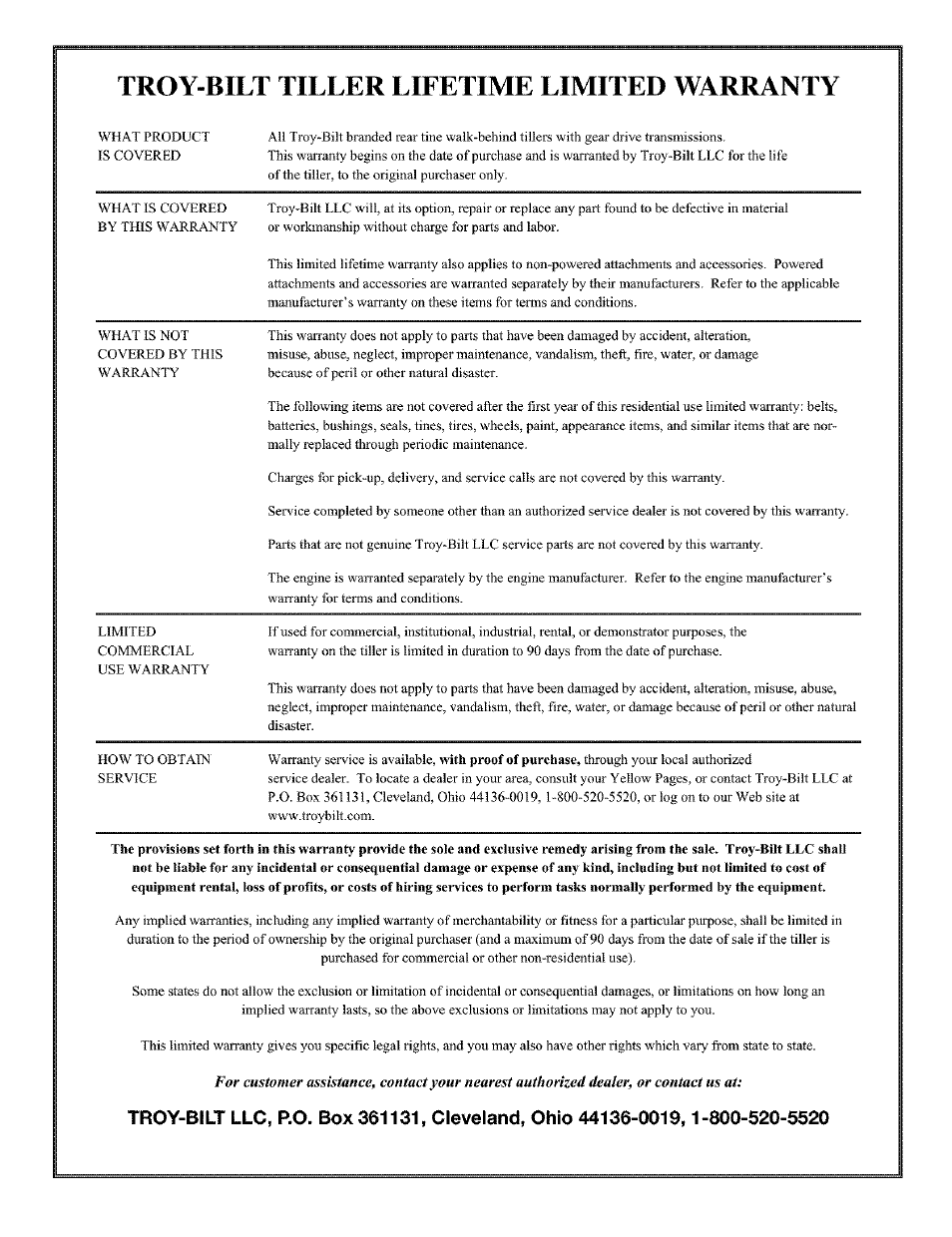 Troy-bilt tiller lifetime limited warranty | Troy-Bilt PONY E666M User Manual | Page 40 / 40