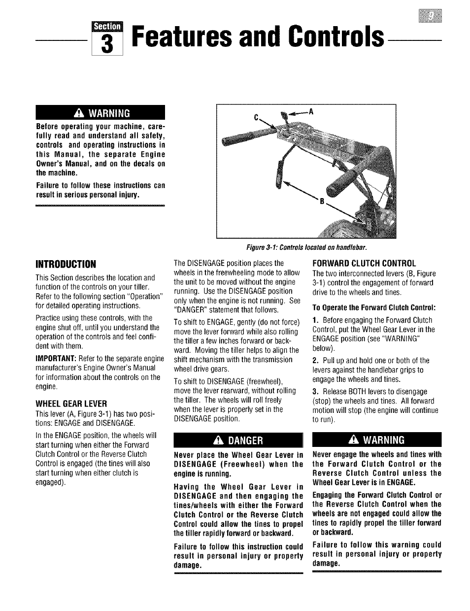 Features and controls, A warning, Introduction | Wheel gear lever, A danger, Forward clutch control | Troy-Bilt PONY E666M User Manual | Page 9 / 40