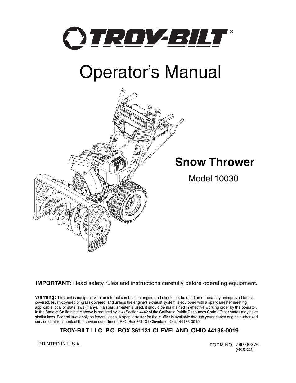 Troy-Bilt 10030 User Manual | 29 pages