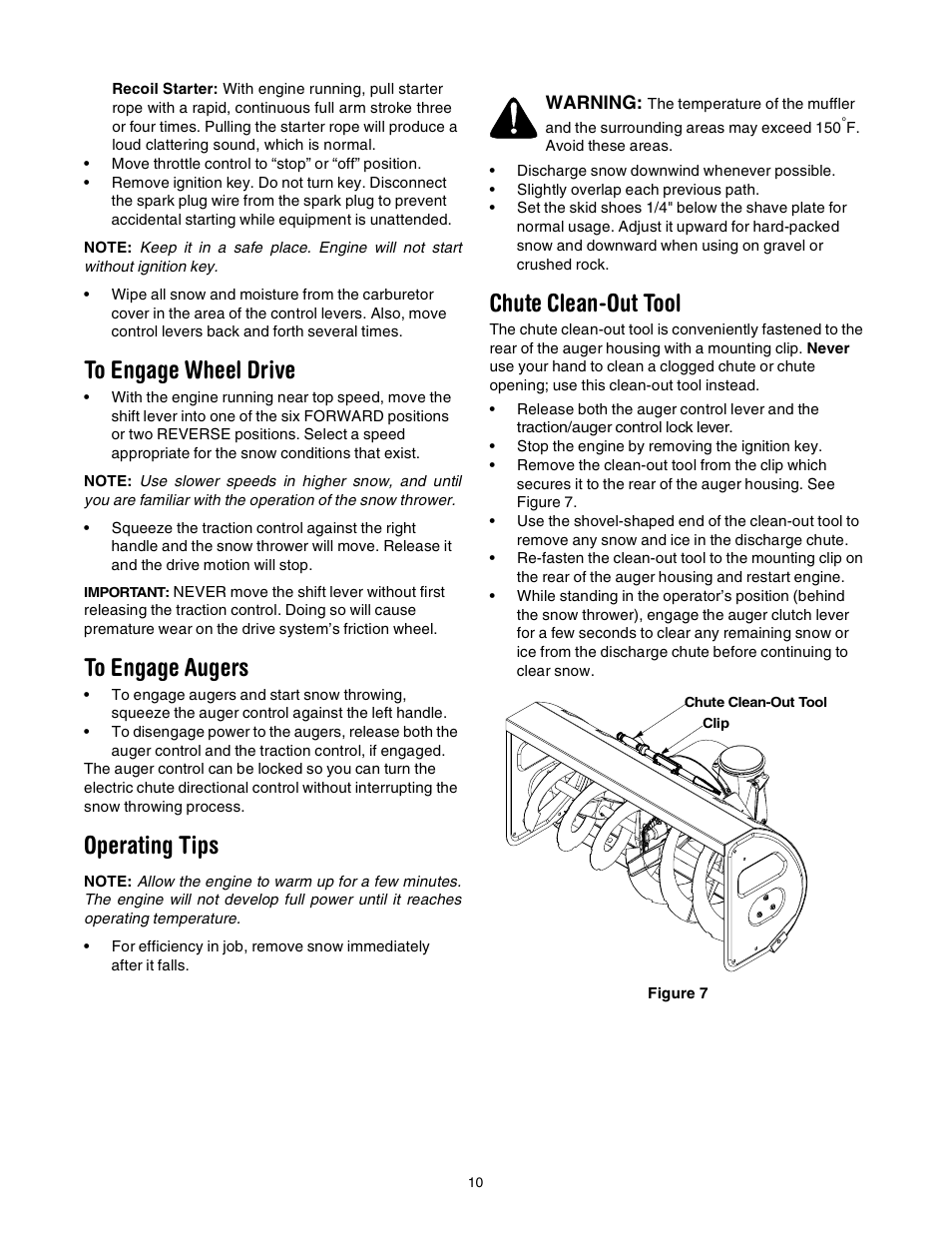 Operating tips, Chute clean-out tool | Troy-Bilt 10030 User Manual | Page 10 / 29