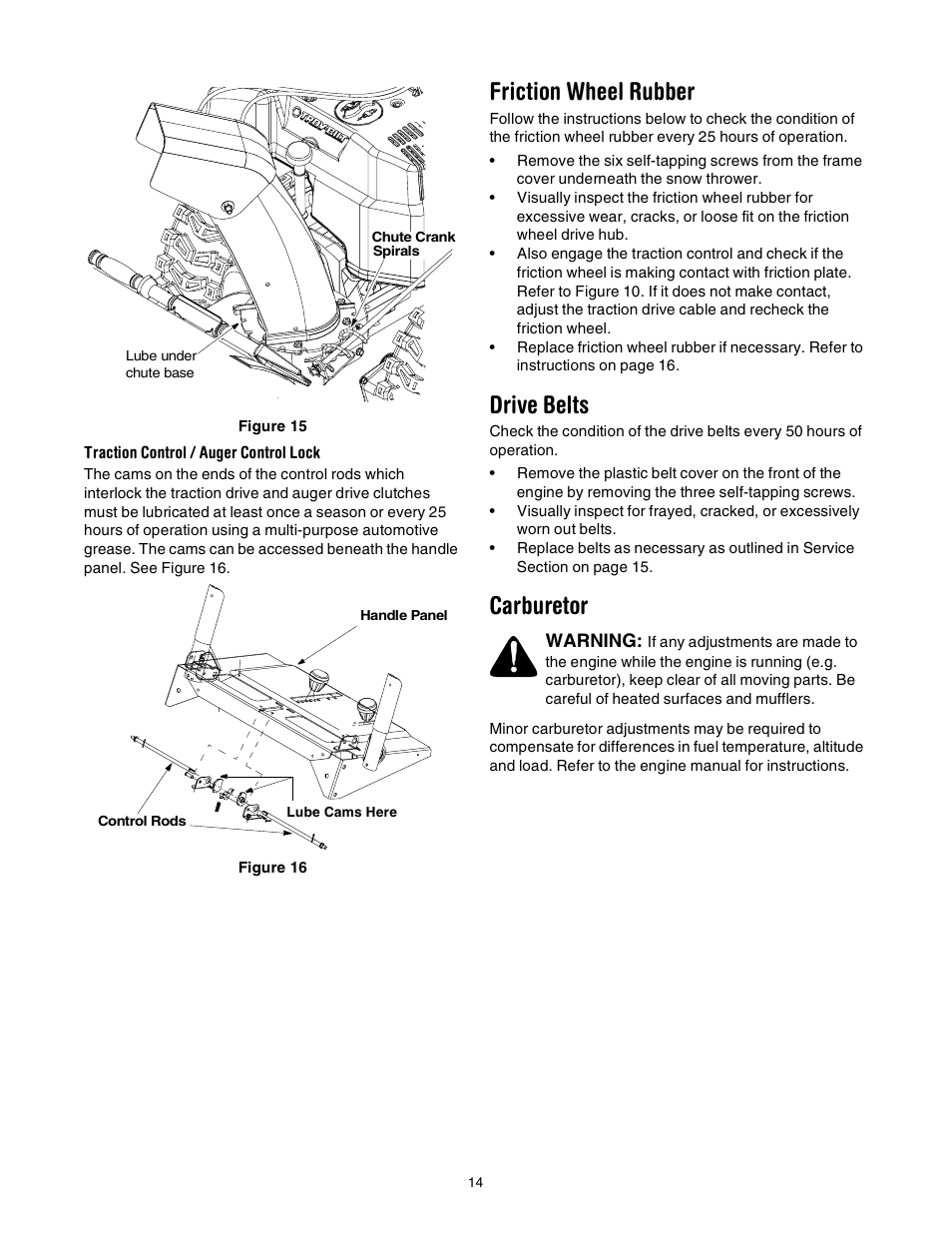 Friction wheel rubber, Drive belts, Carburetor | Troy-Bilt 10030 User Manual | Page 14 / 29