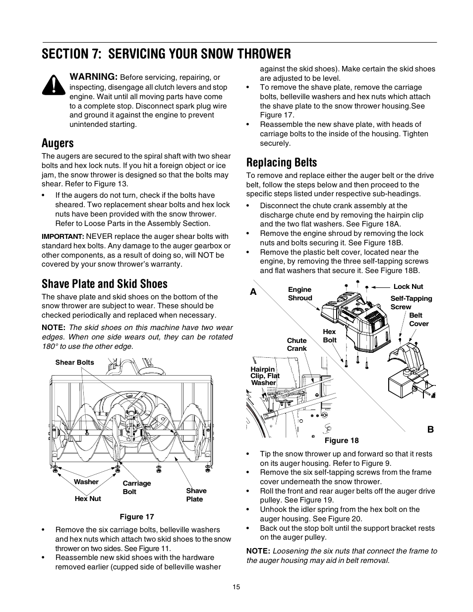 Augers, Shave plate and skid shoes, Replacing belts | Troy-Bilt 10030 User Manual | Page 15 / 29