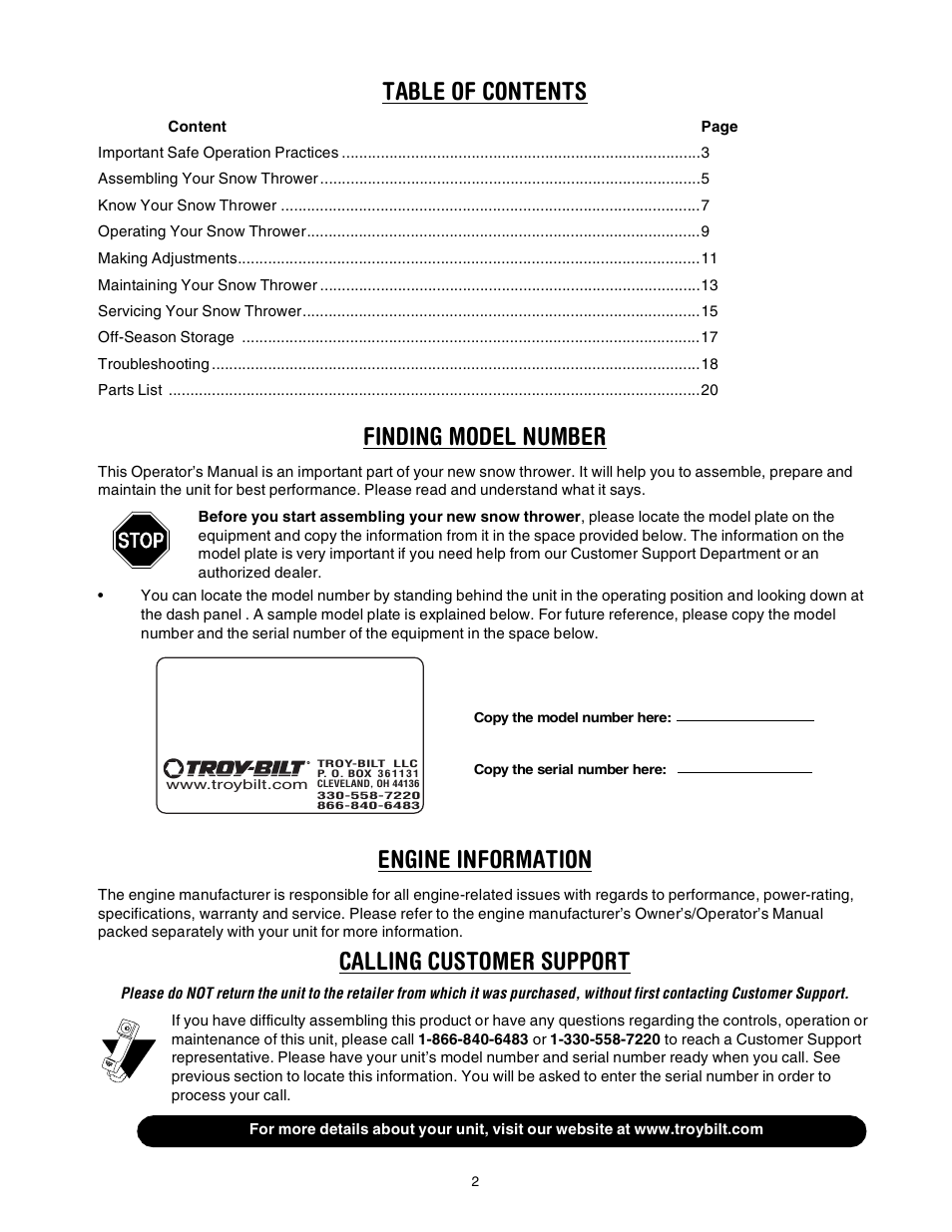 Troy-Bilt 10030 User Manual | Page 2 / 29