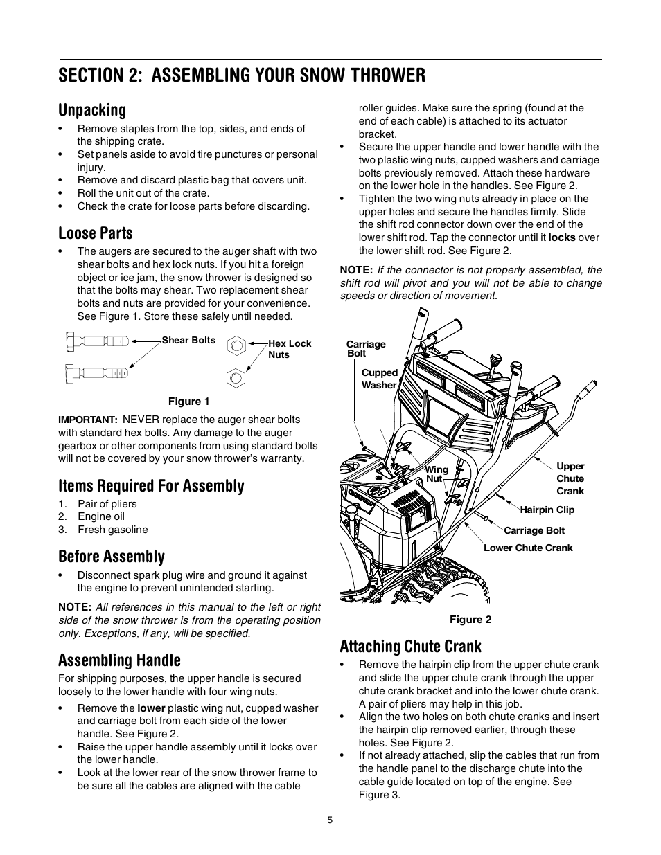 Unpacking, Loose parts, Items required for assembly | Before assembly, Assembling handle, Attaching chute crank | Troy-Bilt 10030 User Manual | Page 5 / 29