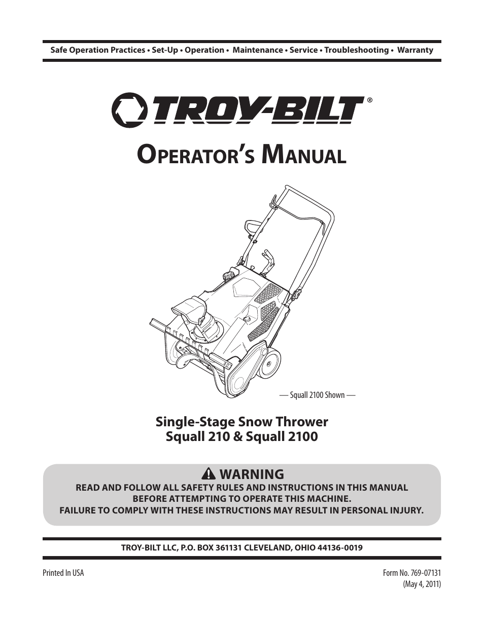Troy-Bilt Single-Stage Snow Thrower Squall 210 User Manual | 40 pages