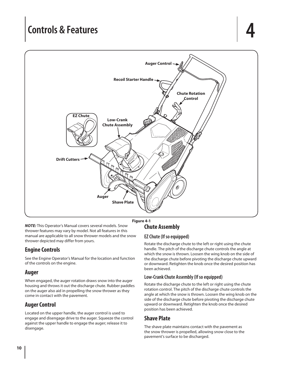 Controls & features, Engine controls, Auger | Auger control, Chute assembly, Shave plate | Troy-Bilt Single-Stage Snow Thrower Squall 210 User Manual | Page 10 / 40
