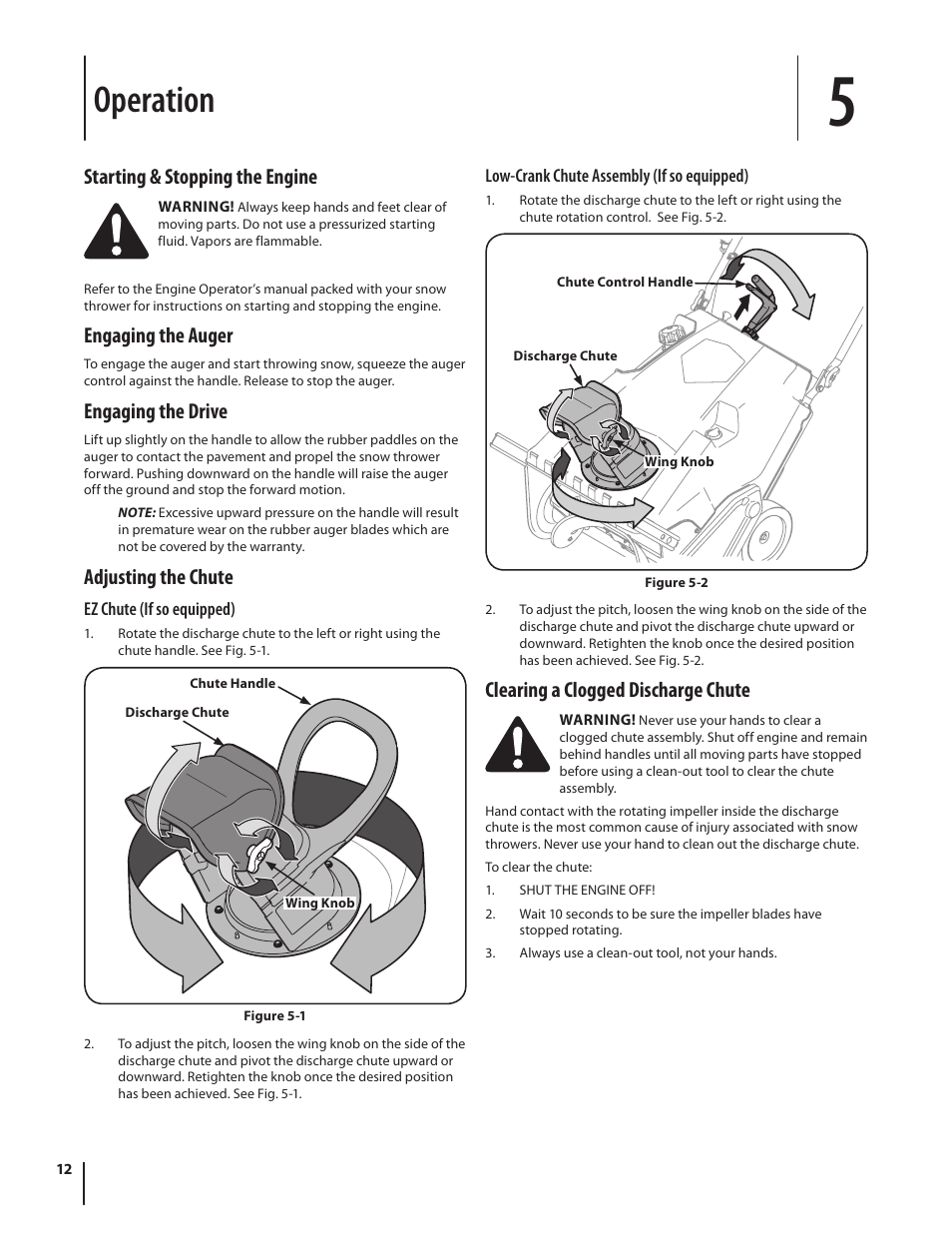 Operation, Starting & stopping the engine, Engaging the auger | Engaging the drive, Adjusting the chute, Clearing a clogged discharge chute | Troy-Bilt Single-Stage Snow Thrower Squall 210 User Manual | Page 12 / 40