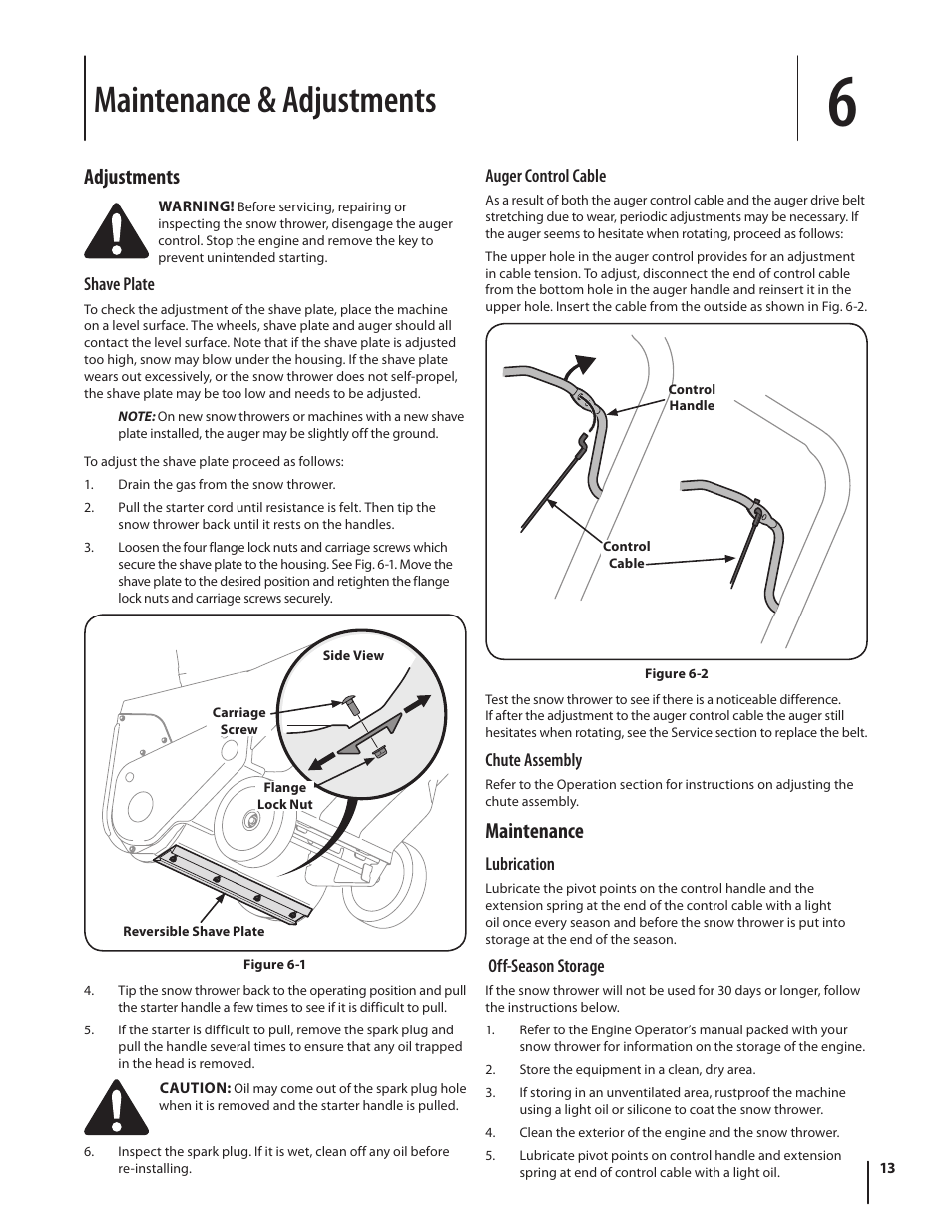 Maintenance & adjustments, Adjustments, Maintenance | Troy-Bilt Single-Stage Snow Thrower Squall 210 User Manual | Page 13 / 40