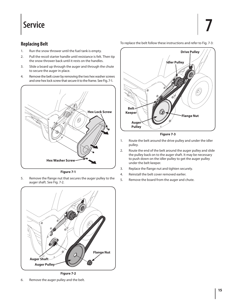 Service, Replacing belt | Troy-Bilt Single-Stage Snow Thrower Squall 210 User Manual | Page 15 / 40