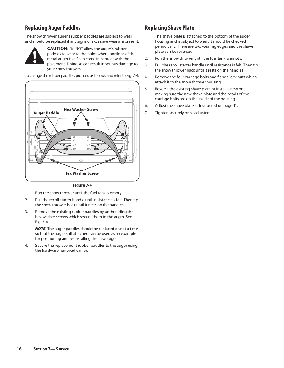 Replacing auger paddles, Replacing shave plate | Troy-Bilt Single-Stage Snow Thrower Squall 210 User Manual | Page 16 / 40