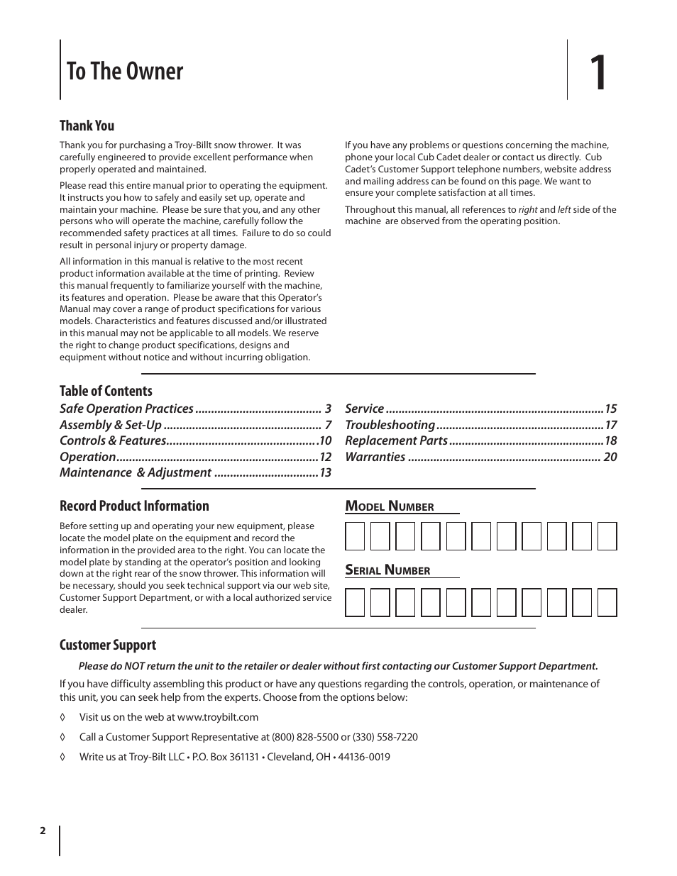 Record product information, Table of contents m, Customer support | Troy-Bilt Single-Stage Snow Thrower Squall 210 User Manual | Page 2 / 40