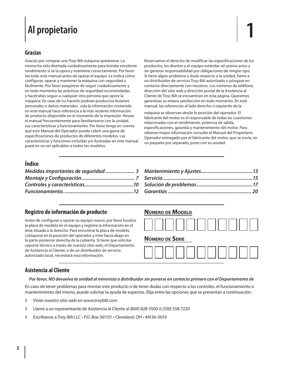 Al propietario, Registro de información de producto, Índice n | Asistencia al cliente, Gracias | Troy-Bilt Single-Stage Snow Thrower Squall 210 User Manual | Page 22 / 40