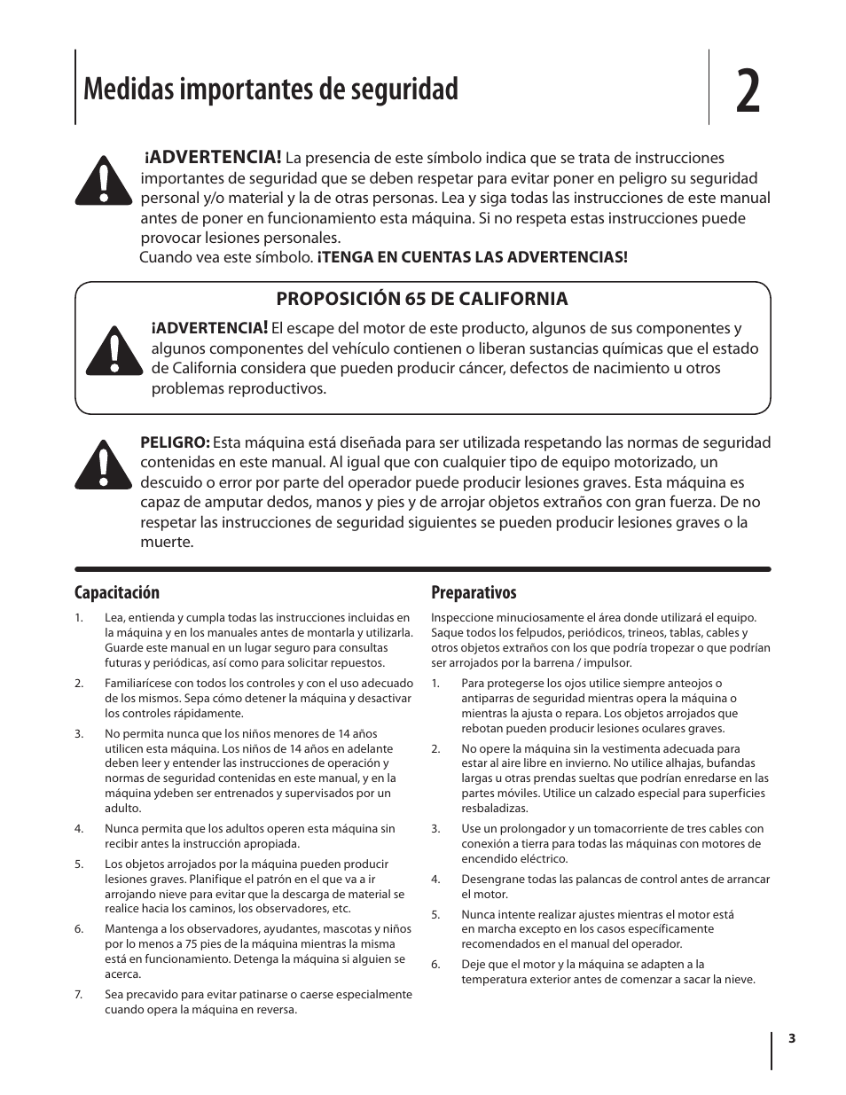 Medidas importantes de seguridad, Capacitación, Preparativos | Advertencia, Proposición 65 de california | Troy-Bilt Single-Stage Snow Thrower Squall 210 User Manual | Page 23 / 40