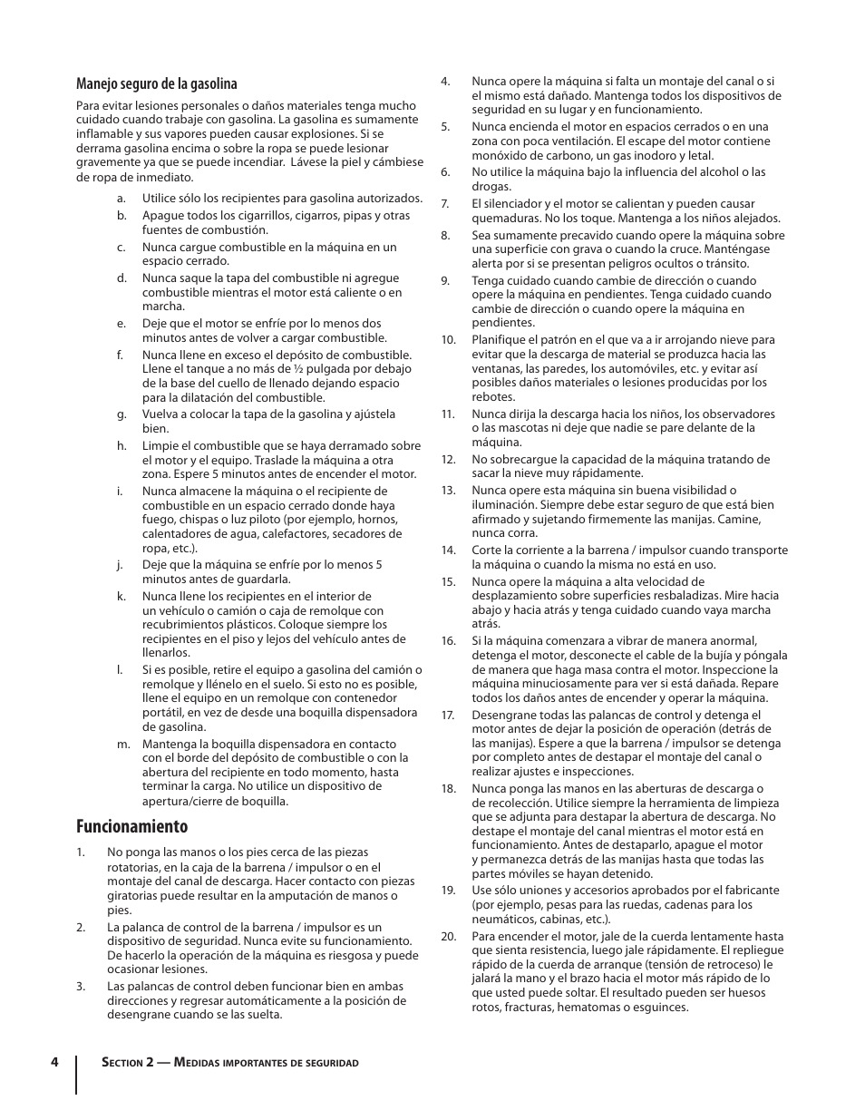 Funcionamiento, Manejo seguro de la gasolina | Troy-Bilt Single-Stage Snow Thrower Squall 210 User Manual | Page 24 / 40