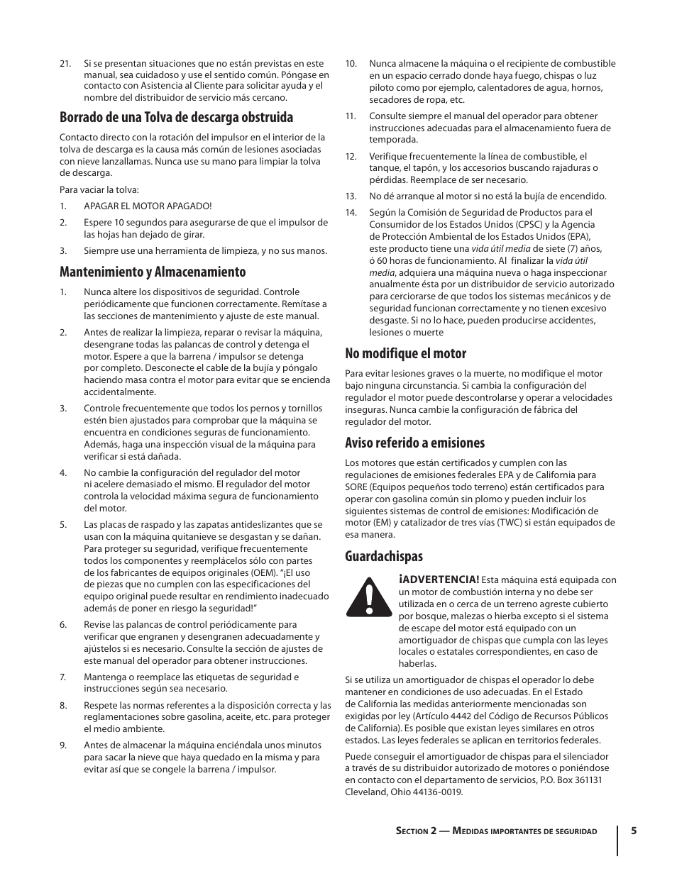 Borrado de una tolva de descarga obstruida, Mantenimiento y almacenamiento, No modifique el motor | Aviso referido a emisiones, Guardachispas | Troy-Bilt Single-Stage Snow Thrower Squall 210 User Manual | Page 25 / 40