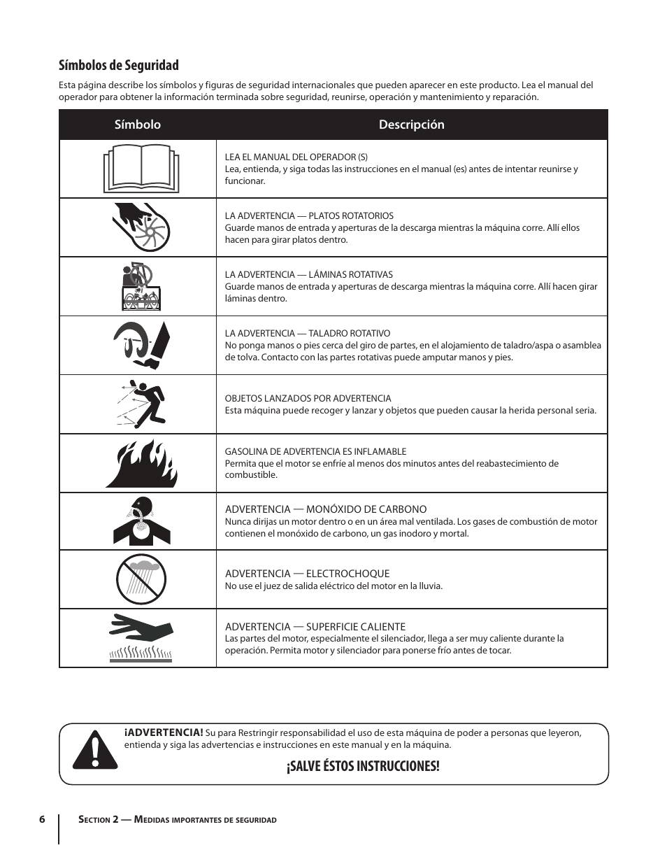 Símbolos de seguridad, Salve éstos instrucciones, Símbolo descripción | Troy-Bilt Single-Stage Snow Thrower Squall 210 User Manual | Page 26 / 40