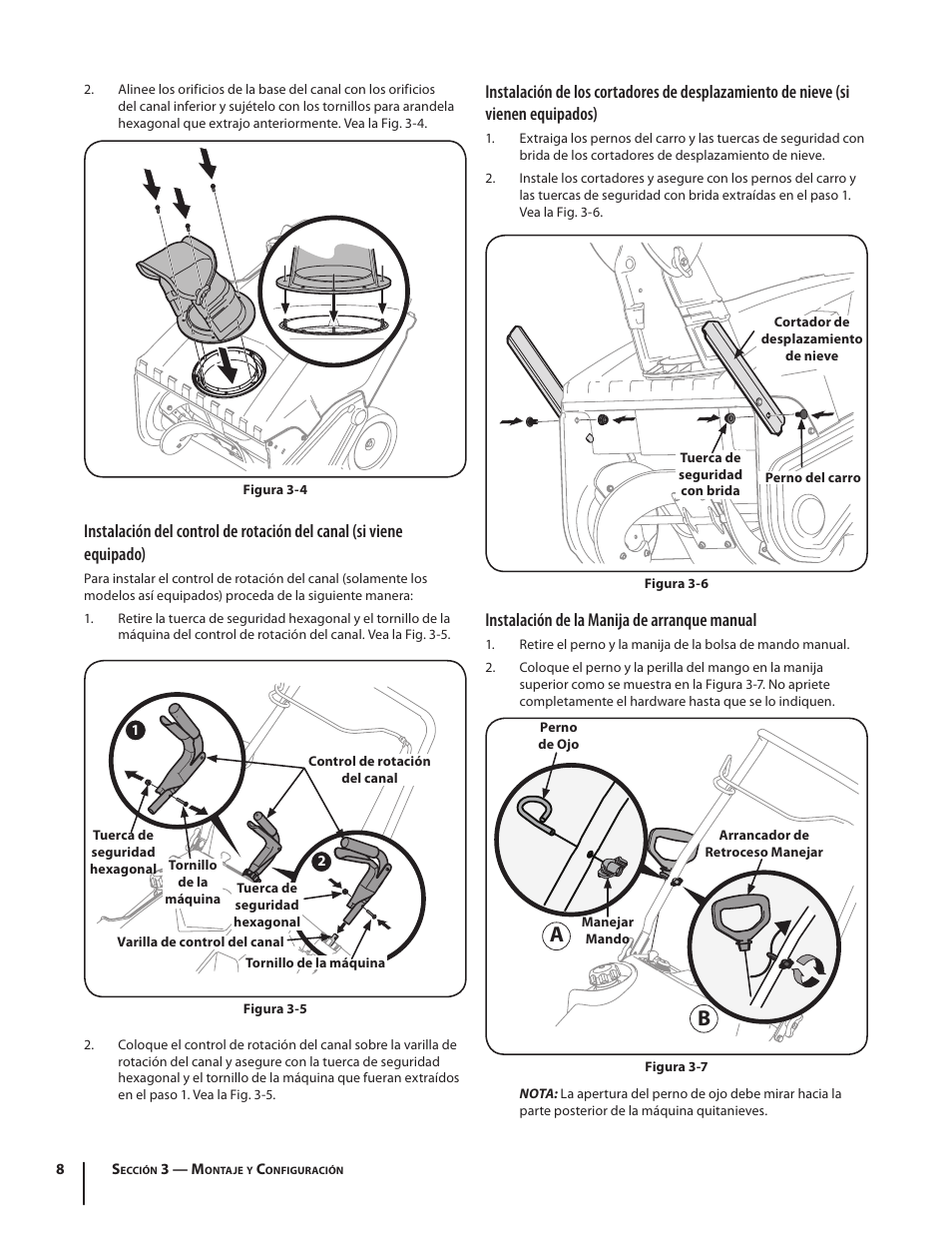 Instalación de la manija de arranque manual | Troy-Bilt Single-Stage Snow Thrower Squall 210 User Manual | Page 28 / 40