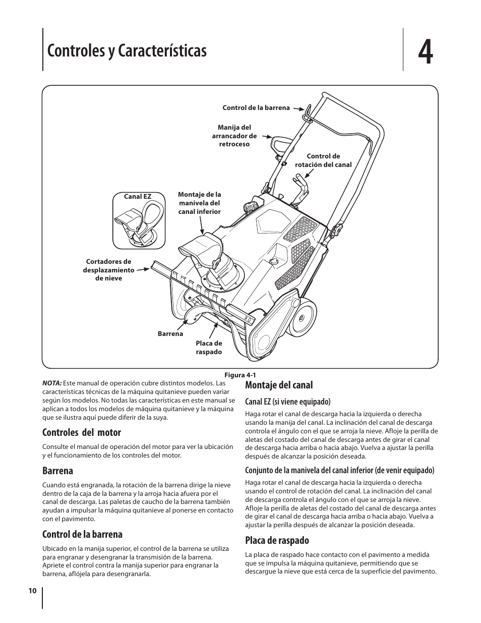 Controles y características, Controles del motor, Barrena | Control de la barrena, Montaje del canal, Placa de raspado | Troy-Bilt Single-Stage Snow Thrower Squall 210 User Manual | Page 30 / 40