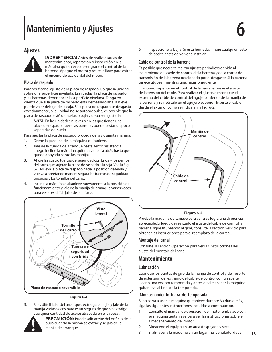 Mantenimiento y ajustes, Ajustes, Mantenimiento | Troy-Bilt Single-Stage Snow Thrower Squall 210 User Manual | Page 33 / 40