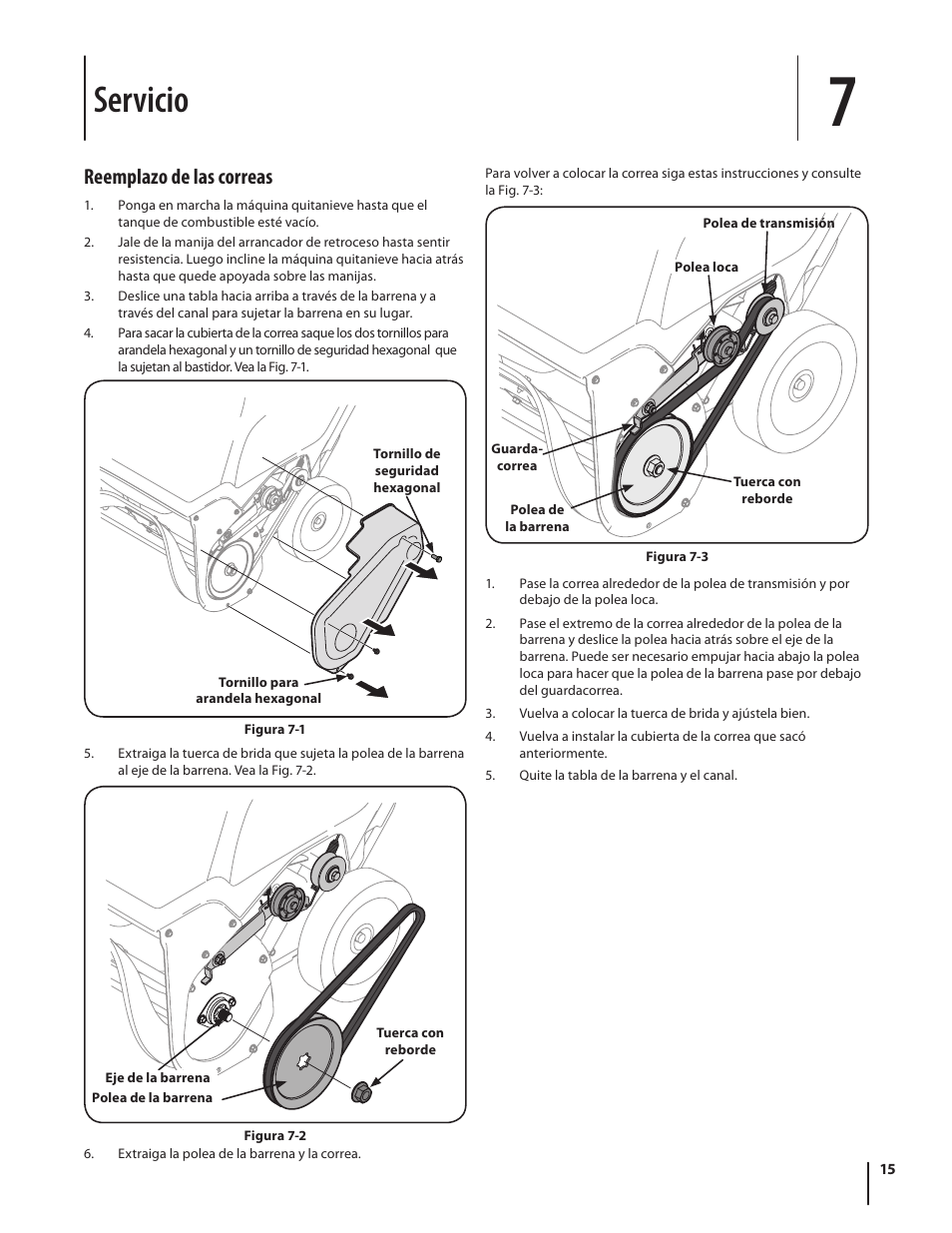 Servicio, Reemplazo de las correas | Troy-Bilt Single-Stage Snow Thrower Squall 210 User Manual | Page 35 / 40