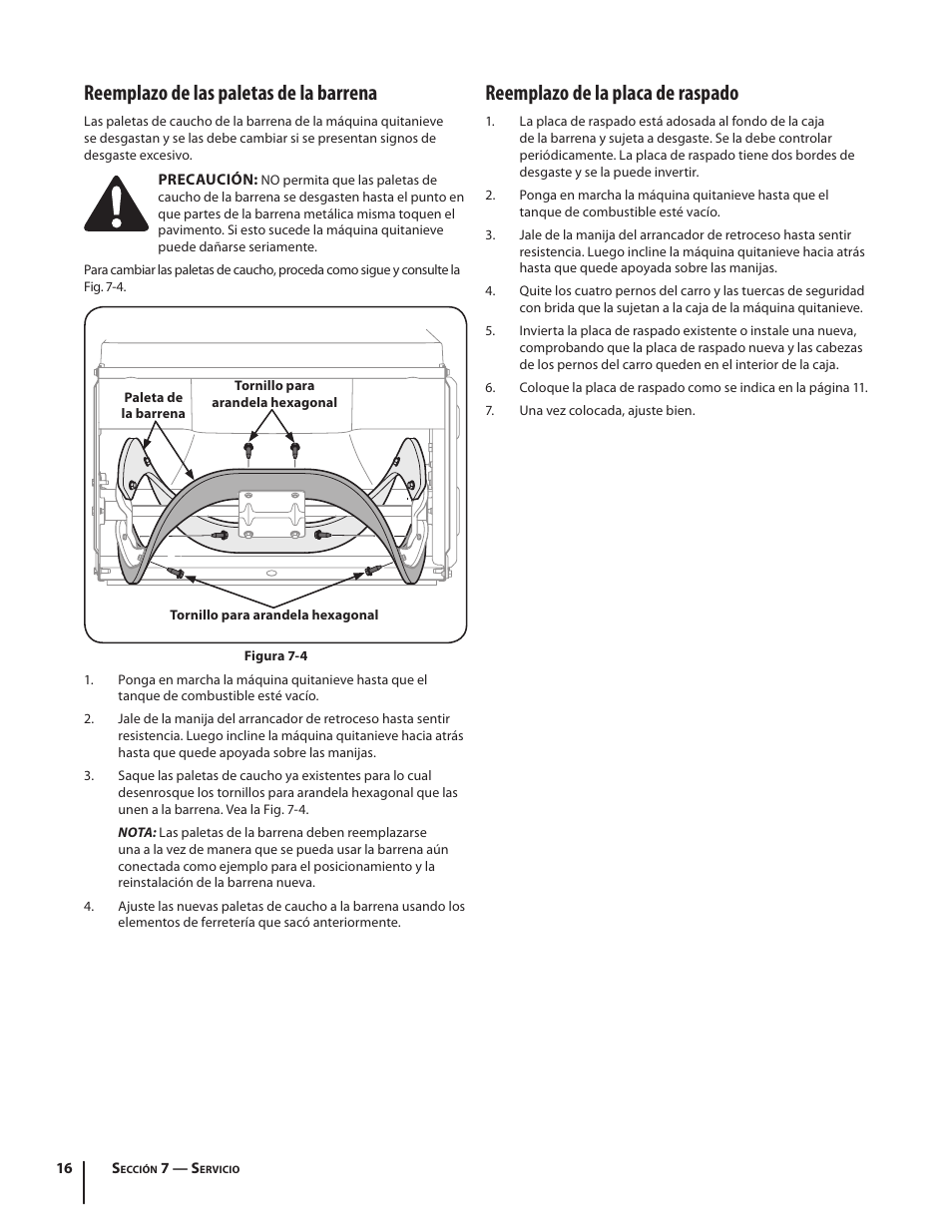 Reemplazo de las paletas de la barrena, Reemplazo de la placa de raspado | Troy-Bilt Single-Stage Snow Thrower Squall 210 User Manual | Page 36 / 40