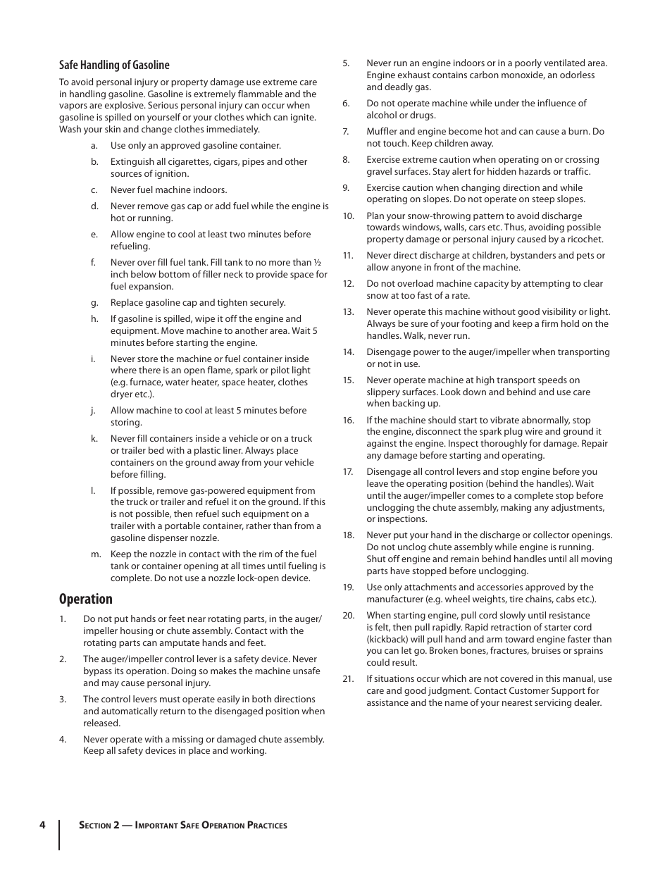 Operation, Safe handling of gasoline | Troy-Bilt Single-Stage Snow Thrower Squall 210 User Manual | Page 4 / 40