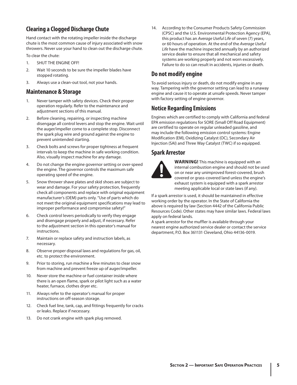 Clearing a clogged discharge chute, Maintenance & storage, Do not modify engine | Notice regarding emissions, Spark arrestor | Troy-Bilt Single-Stage Snow Thrower Squall 210 User Manual | Page 5 / 40