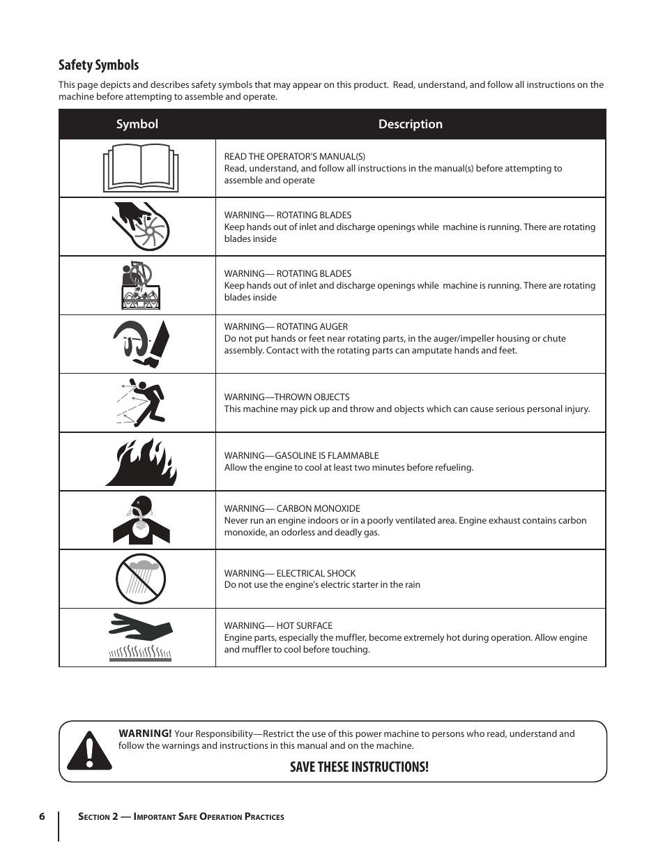 Safety symbols, Save these instructions, Symbol description | Troy-Bilt Single-Stage Snow Thrower Squall 210 User Manual | Page 6 / 40