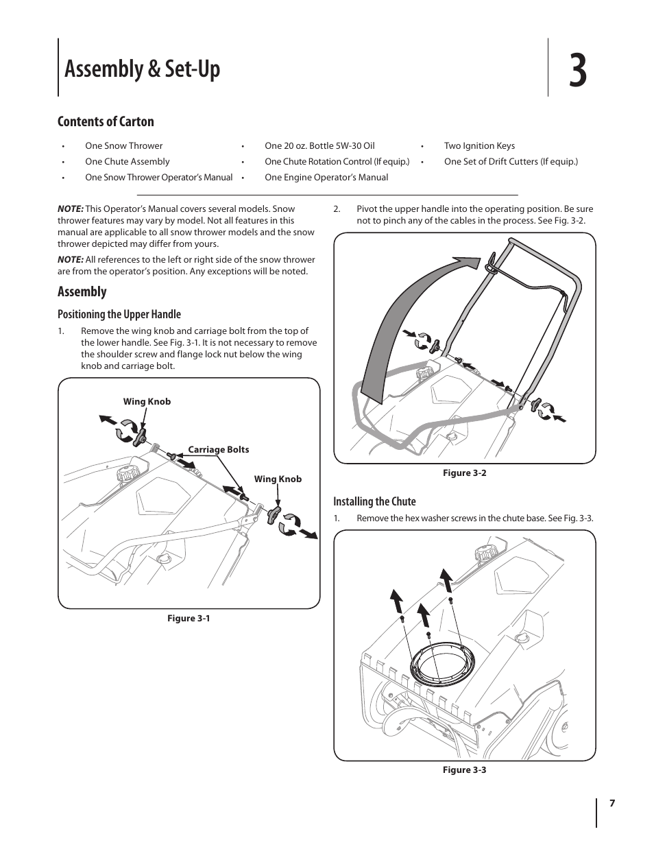 Assembly & set-up, Contents of carton, Assembly | Troy-Bilt Single-Stage Snow Thrower Squall 210 User Manual | Page 7 / 40