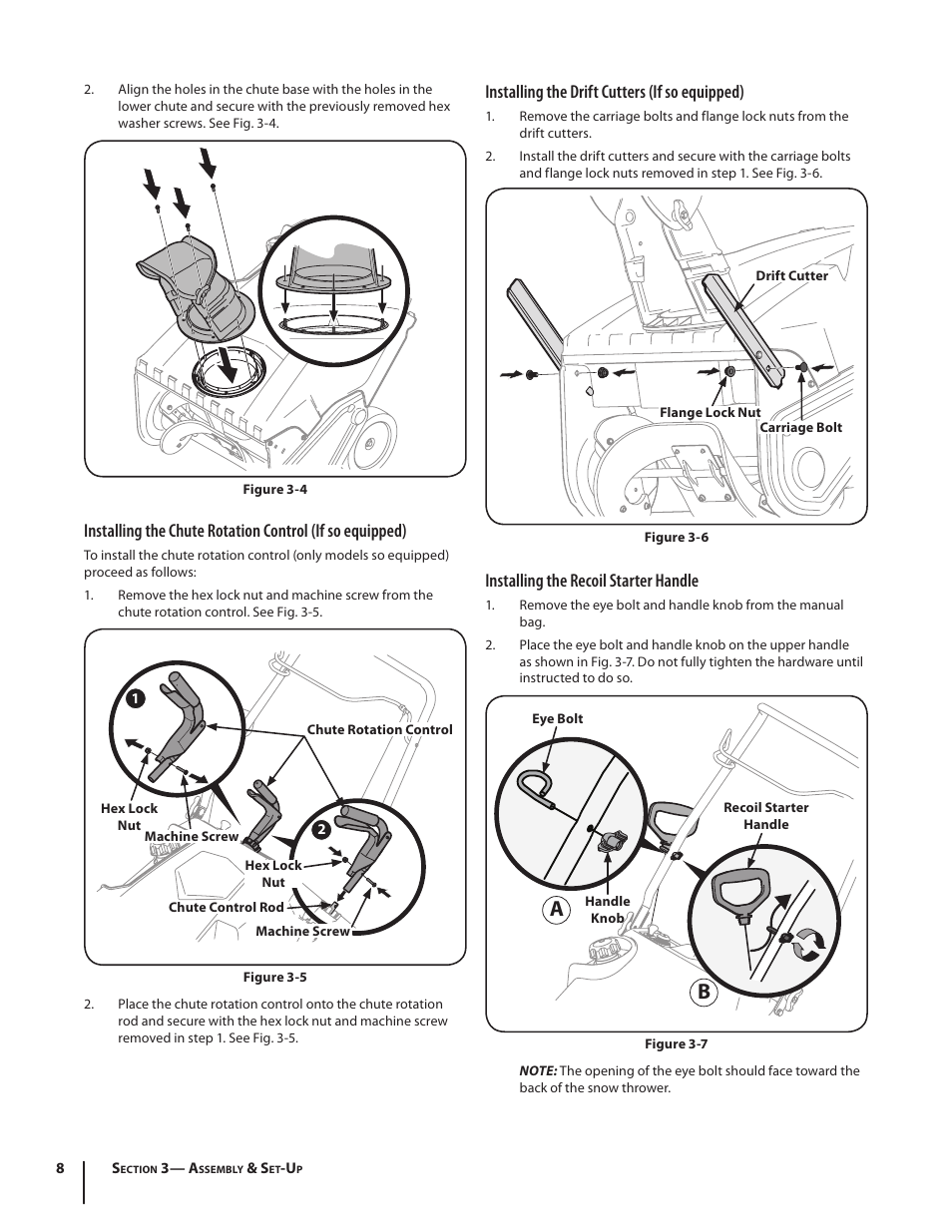 Installing the drift cutters (if so equipped), Installing the recoil starter handle | Troy-Bilt Single-Stage Snow Thrower Squall 210 User Manual | Page 8 / 40