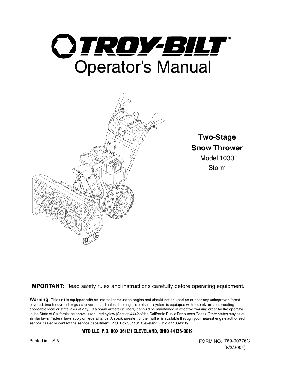 Troy-Bilt 1030 User Manual | 28 pages