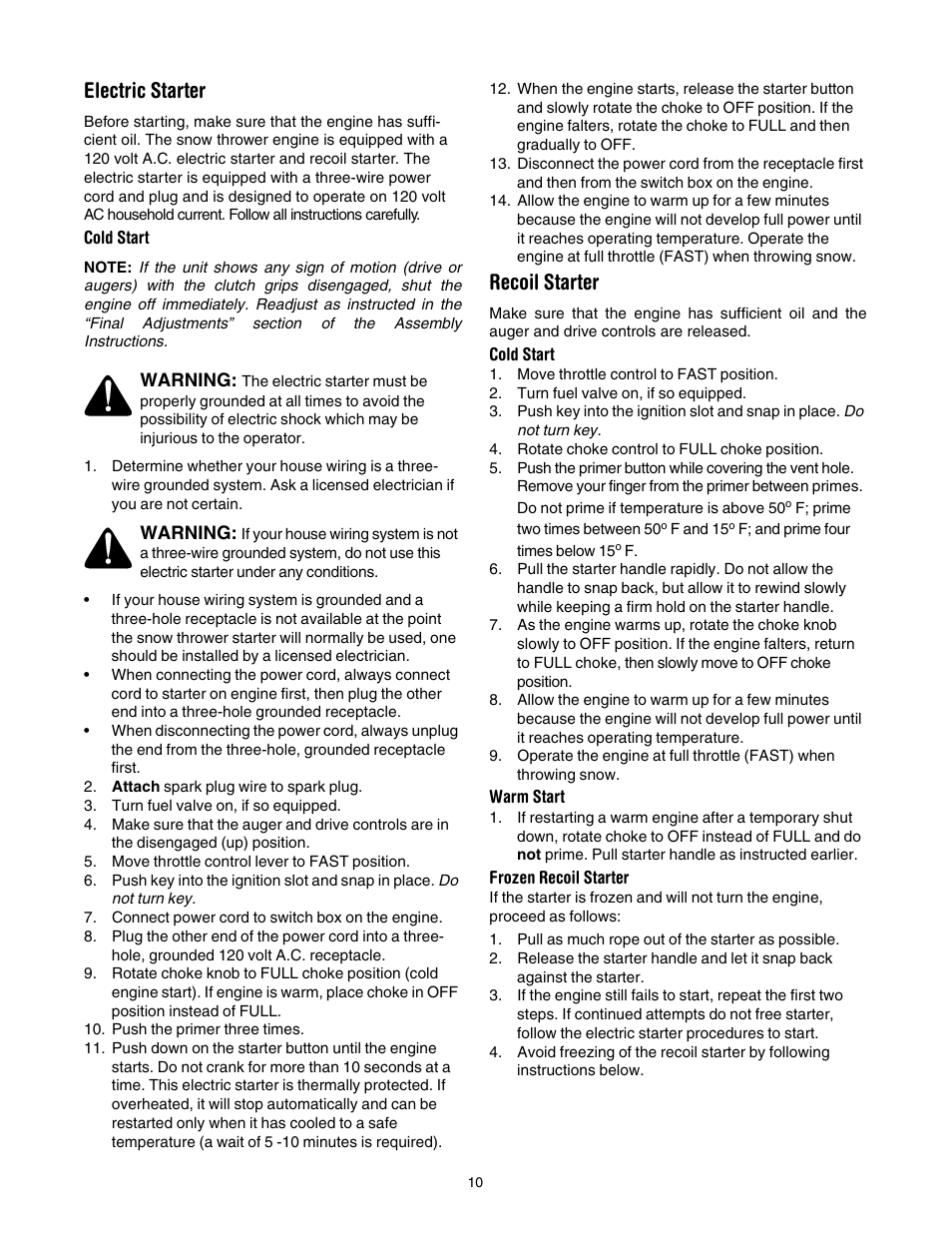 Electric starter, Recoil starter | Troy-Bilt 1030 User Manual | Page 10 / 28