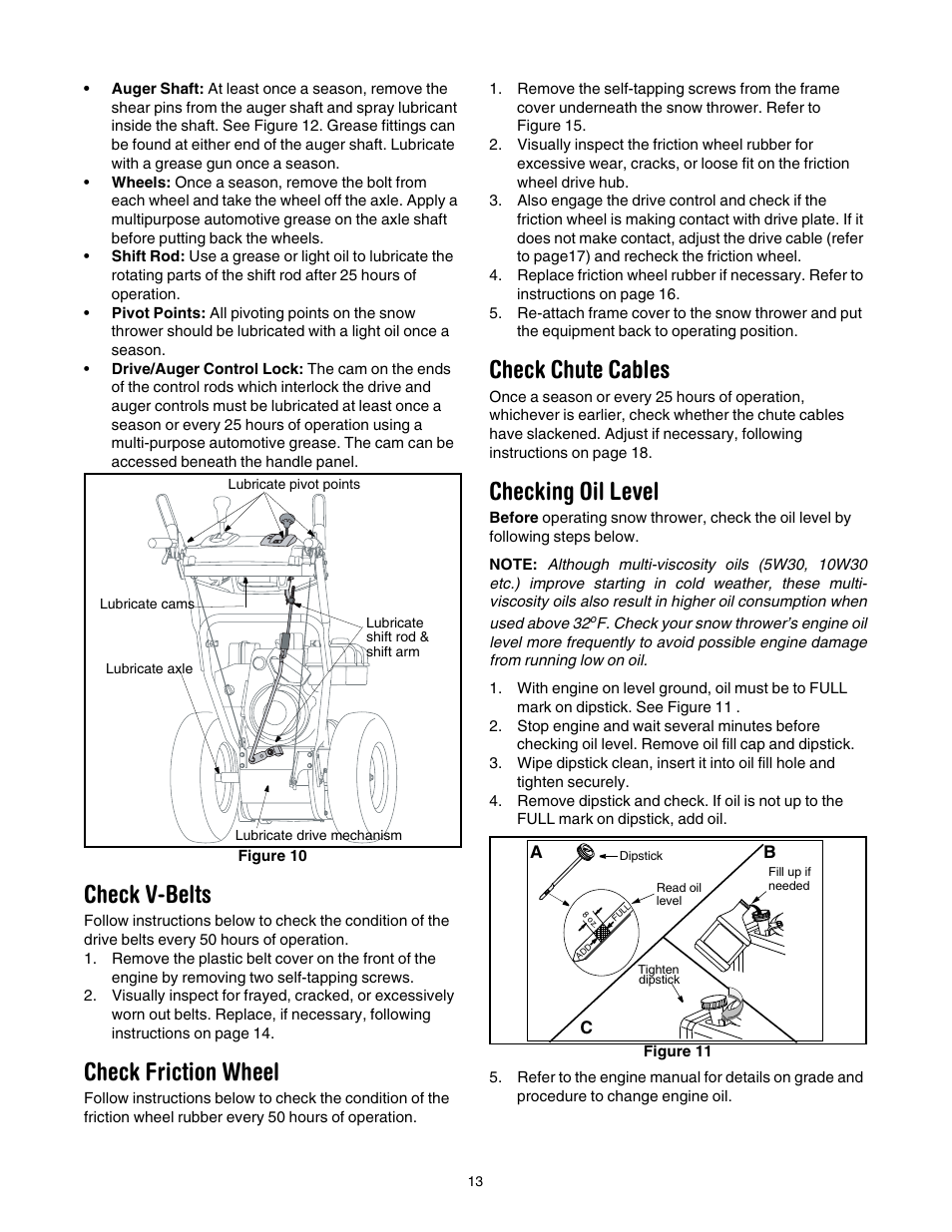 Check v-belts, Check friction wheel, Check chute cables | Checking oil level, See figure 10) | Troy-Bilt 1030 User Manual | Page 13 / 28