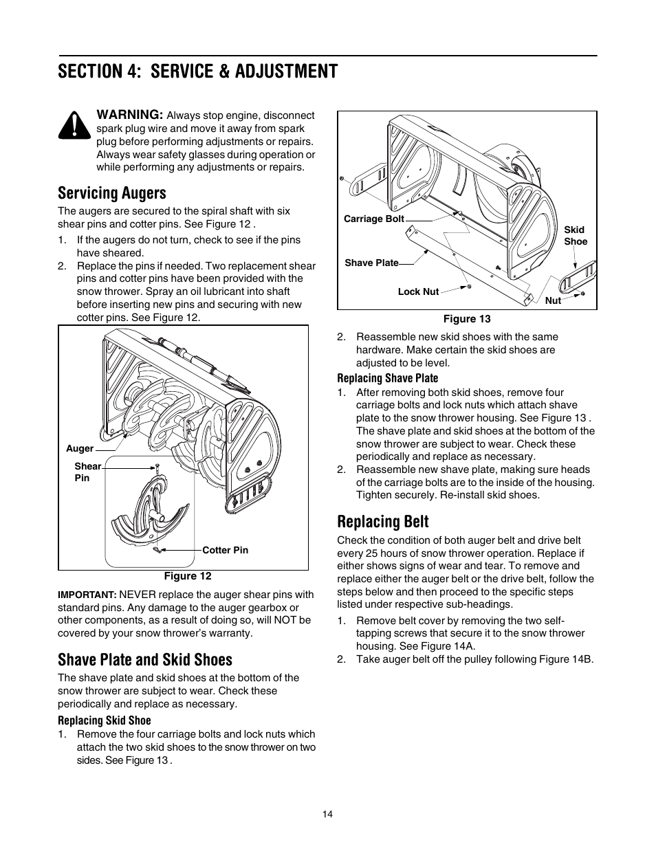 Section 4: service & adjustment, Servicing augers, Shave plate and skid shoes | Replacing belt, Figure 12. gr | Troy-Bilt 1030 User Manual | Page 14 / 28