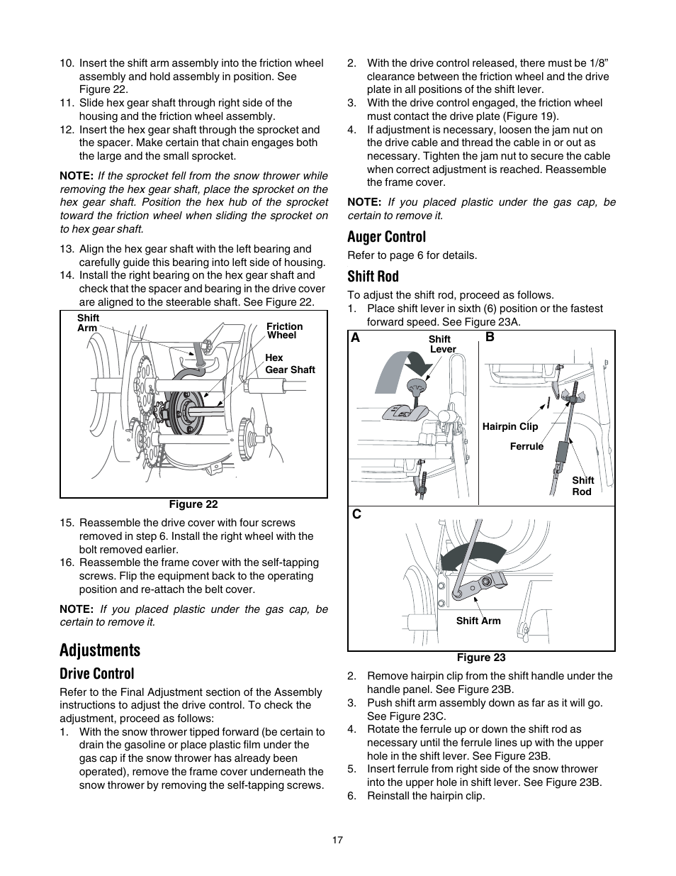 Adjustments, E 17, Figure 22 | E17) an, Drive control, Auger control, Shift rod | Troy-Bilt 1030 User Manual | Page 17 / 28