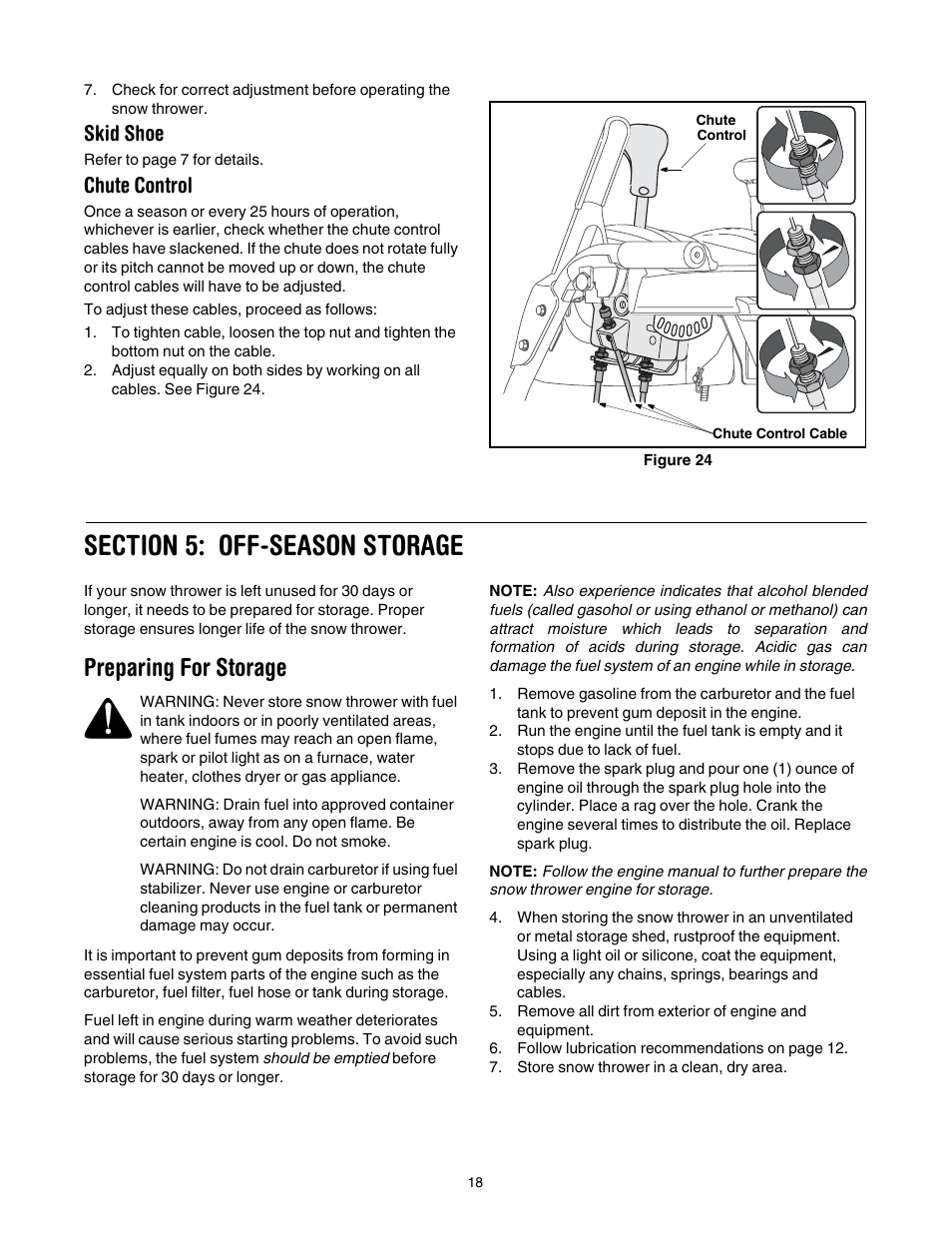 Section 5: off-season storage, Preparing for storage, Ge 18 | Skid shoe, Chute control | Troy-Bilt 1030 User Manual | Page 18 / 28