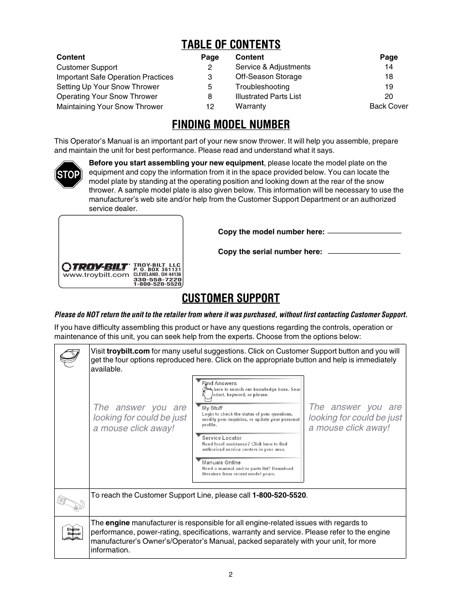 Table of contents finding model number, Customer support | Troy-Bilt 1030 User Manual | Page 2 / 28