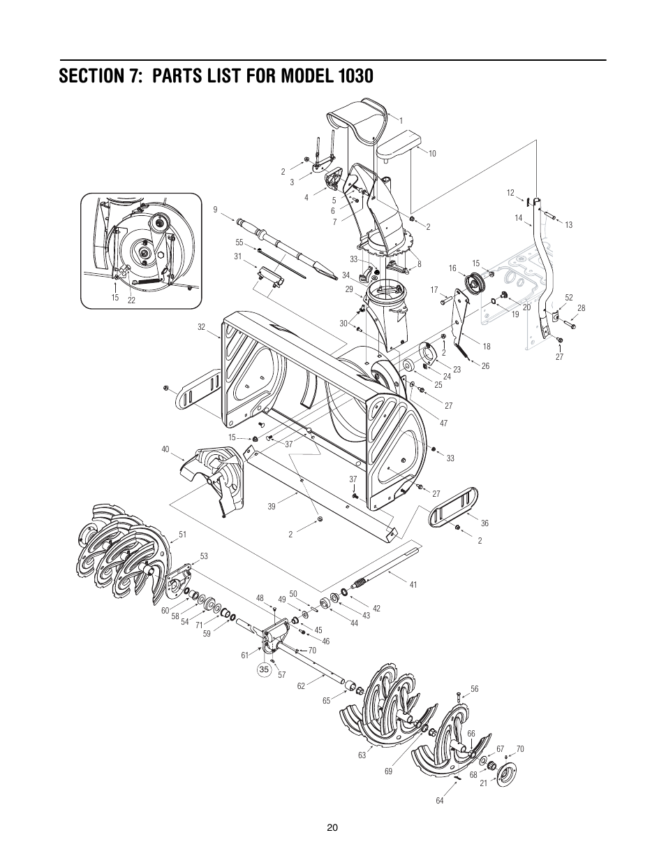 Section 7: parts list for model 1030 | Troy-Bilt 1030 User Manual | Page 20 / 28