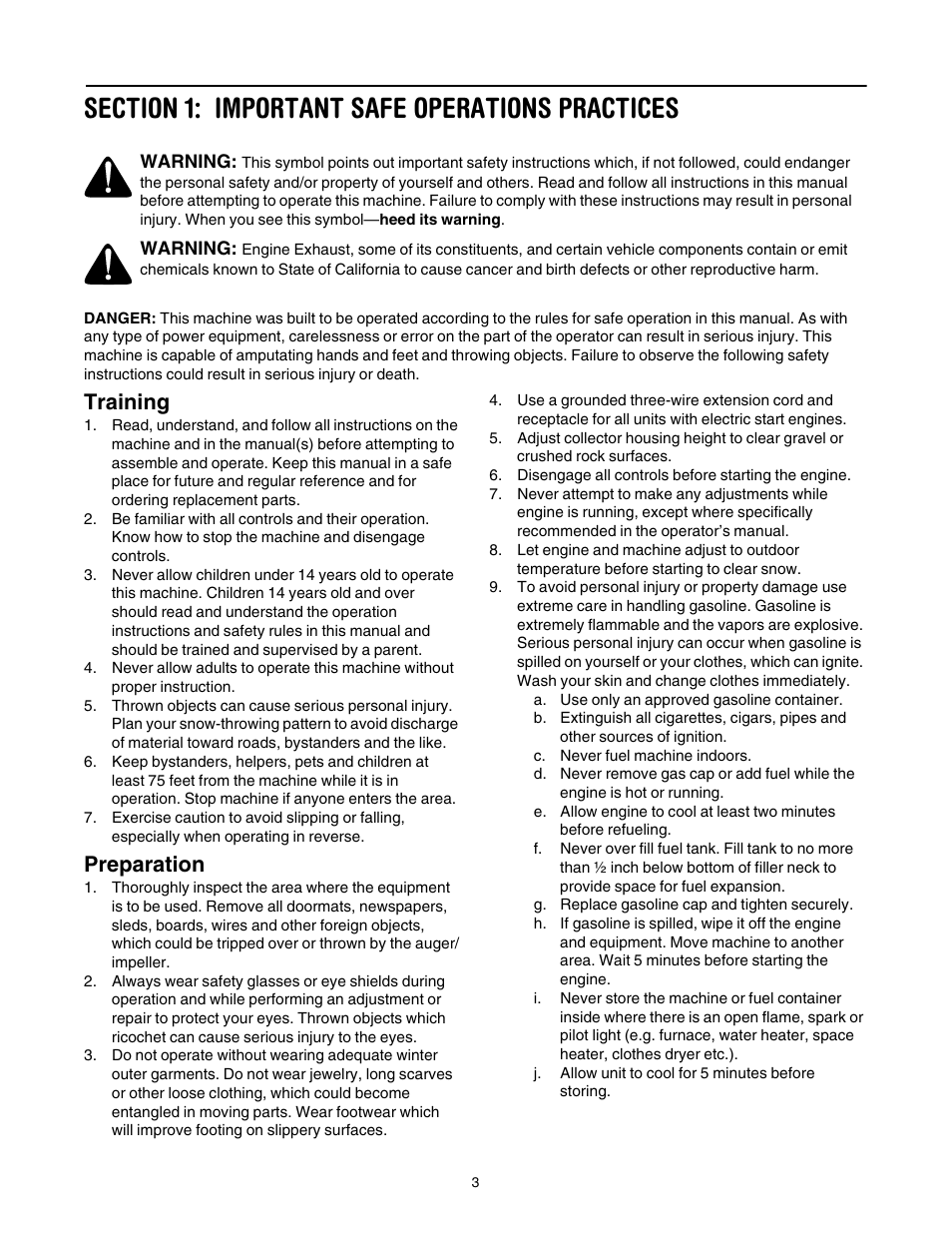 Section 1: important safe operations practices, Training, Preparation | Troy-Bilt 1030 User Manual | Page 3 / 28