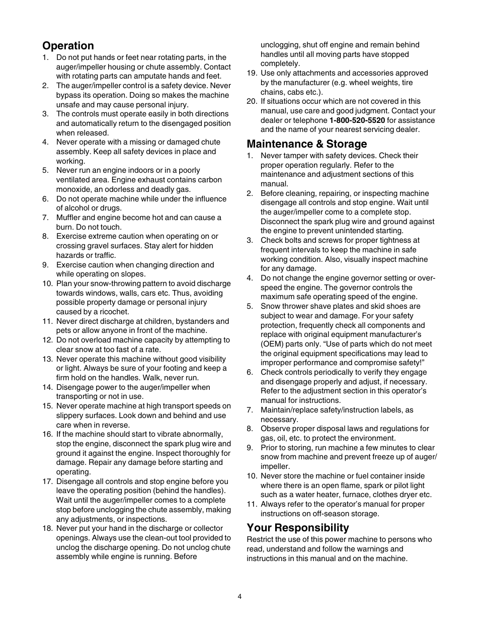 Operation, Maintenance & storage, Your responsibility | Troy-Bilt 1030 User Manual | Page 4 / 28