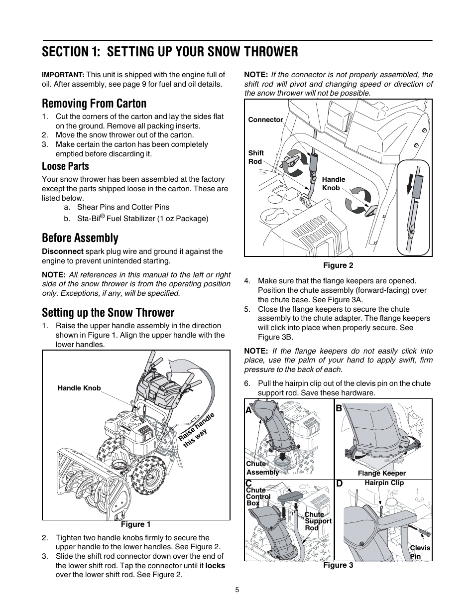 Section 1: setting up your snow thrower, Removing from carton, Before assembly | Setting up the snow thrower, Loose parts | Troy-Bilt 1030 User Manual | Page 5 / 28