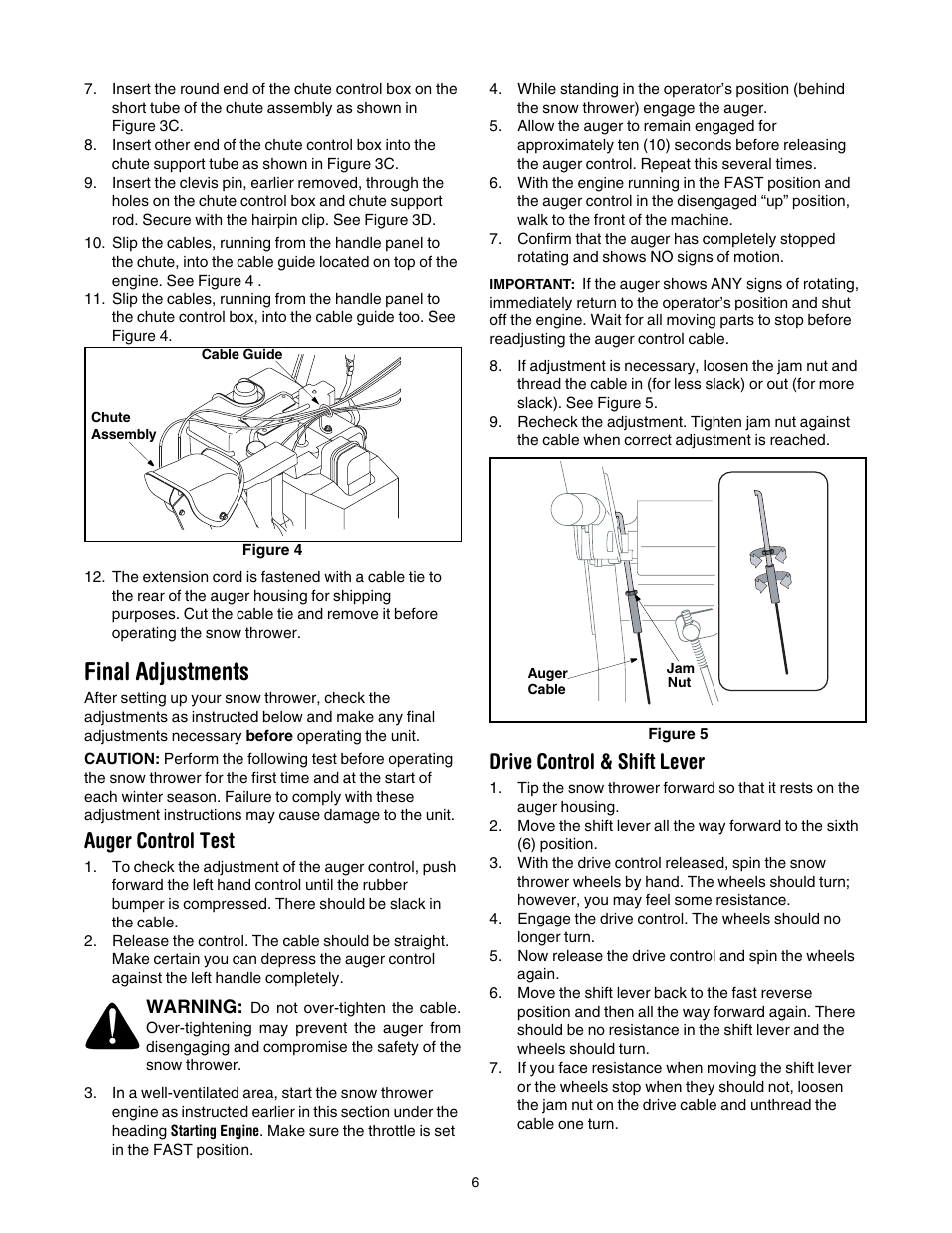 Final adjustments, Auger control test, Drive control & shift lever | Troy-Bilt 1030 User Manual | Page 6 / 28